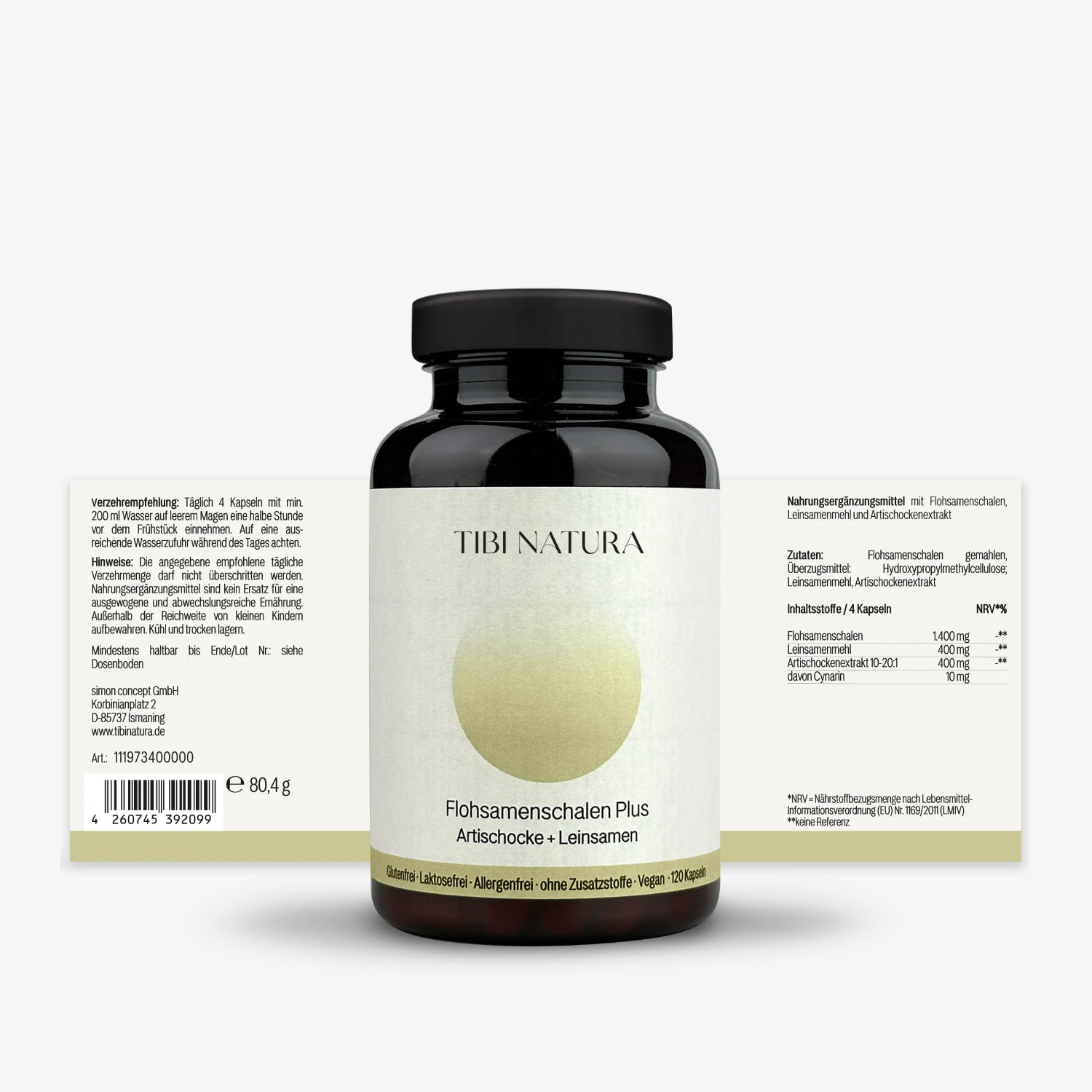 Schwarze Flasche mit "TIBI NATURA Flohsamenschalen Plus" Etikett, begleitet von ausführlichem Produkttext in Deutsch.