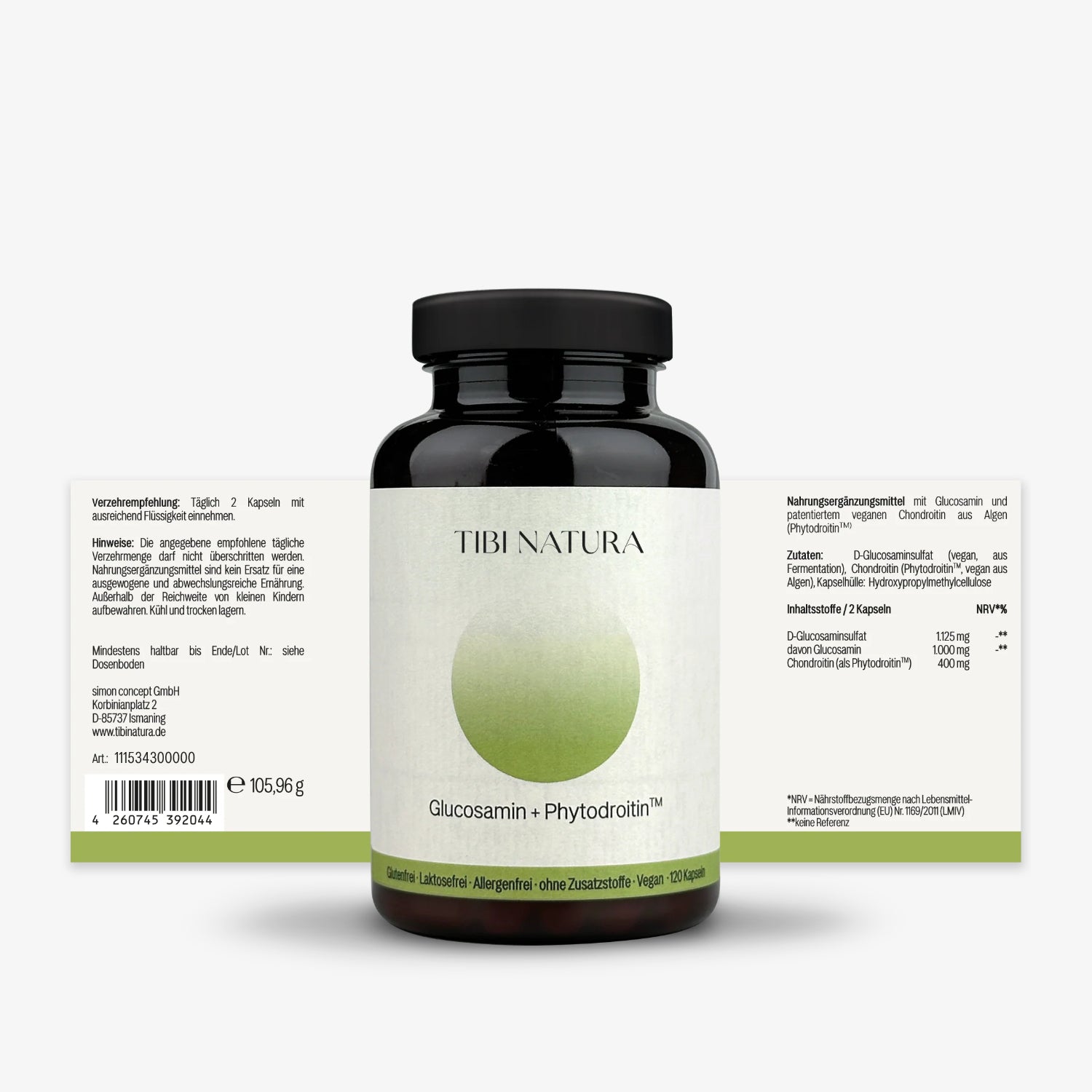 Braunglasflasche Tibi Natura Nahrungsergänzungsmittel mit Etiketten für Glucosamin und Phytodroitin, 120 Kapseln.