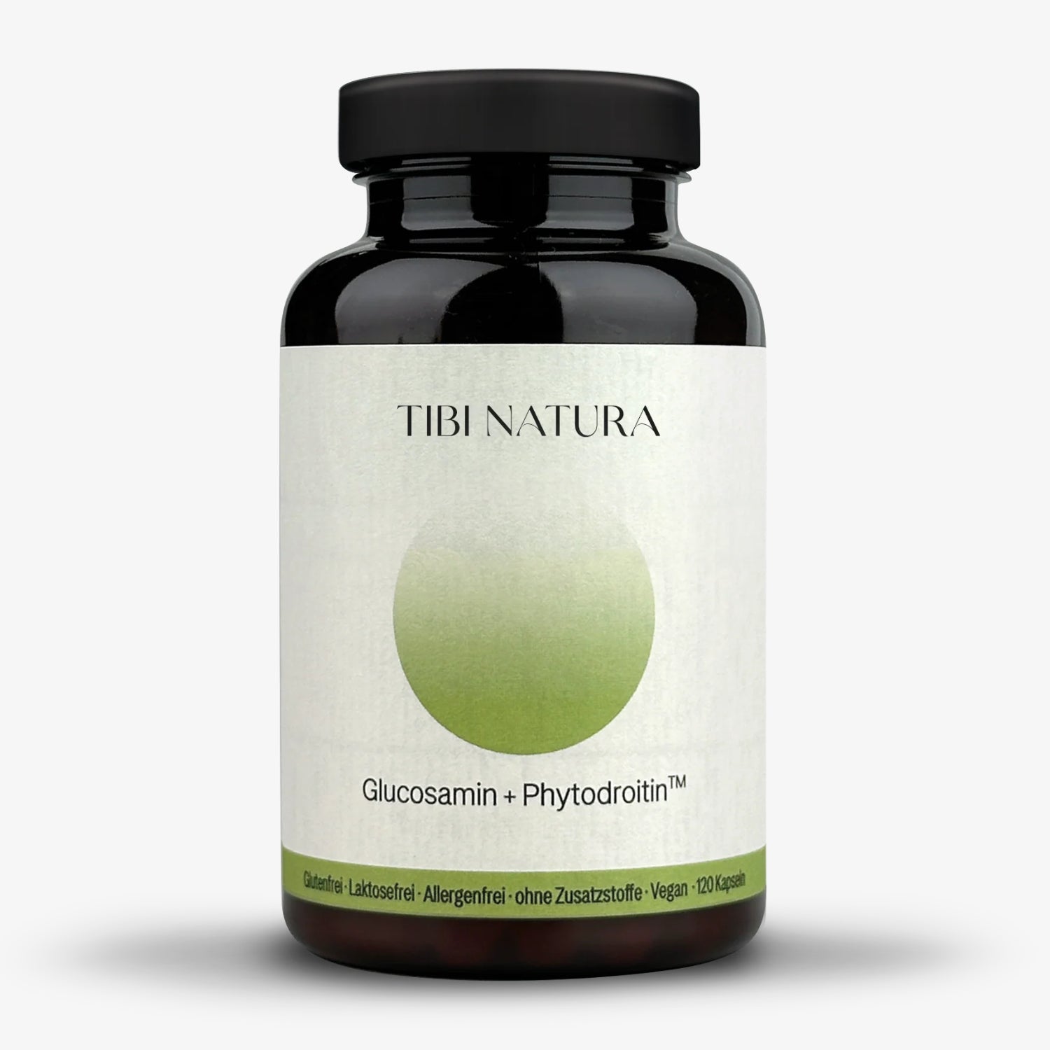Eine schwarze Flasche mit dem Etikett "Tibi Natura", die Glucosamin und Phytodroitin™ Kapseln enthält.