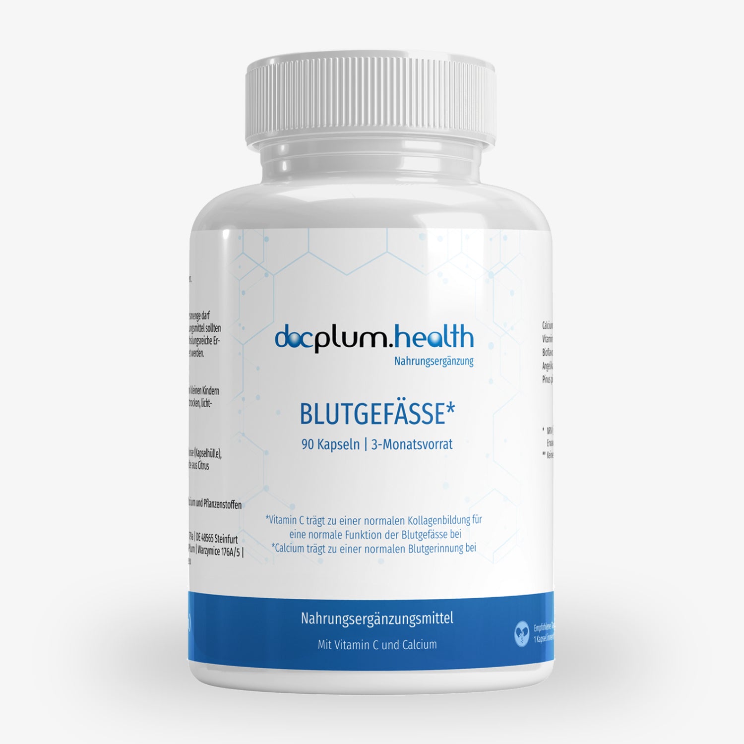 Eine weiße Flasche mit dem Etikett „docplum.health Blutgefäße“, 90 Kapseln, Nahrungsergänzungsmittel mit Vitamin C und Calcium.