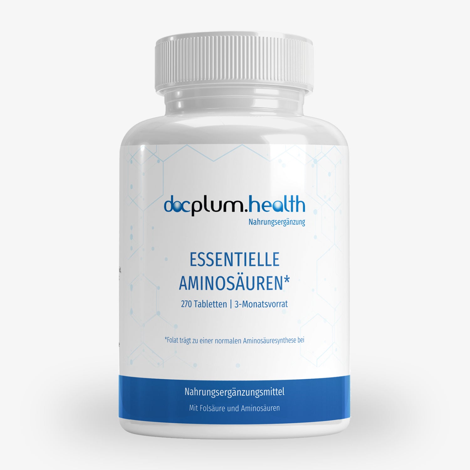 Weiße Flasche mit der Aufschrift "docplum.health Essentielle Aminosäuren" für Nahrungsergänzungsmittel, 270 Tabletten.