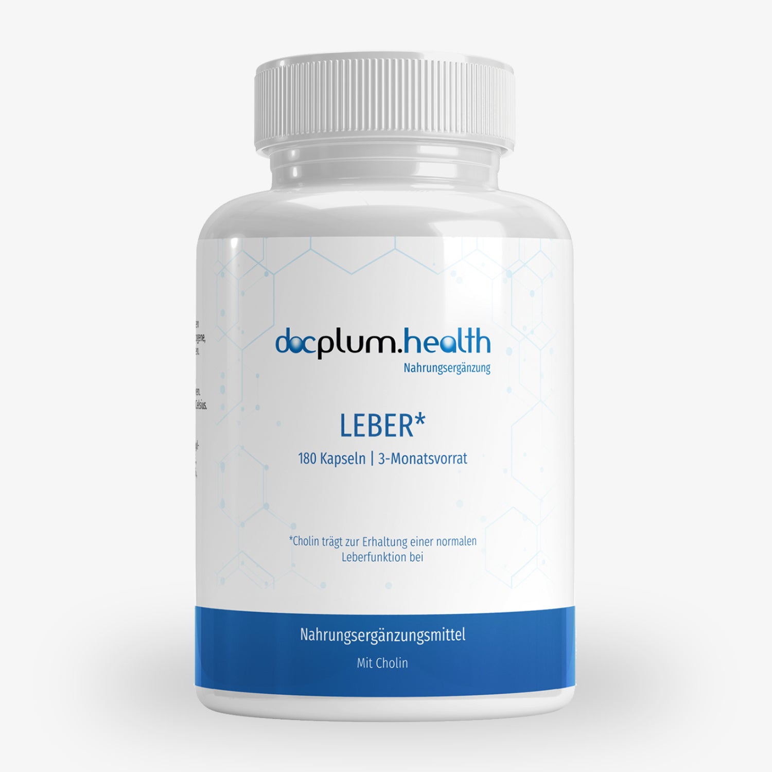 Weiße Flasche mit Nahrungsergänzungsmitteln, etikettiert mit "docplum.health", "LEBER*", 180 Kapseln für einen 3-Monatsvorrat.