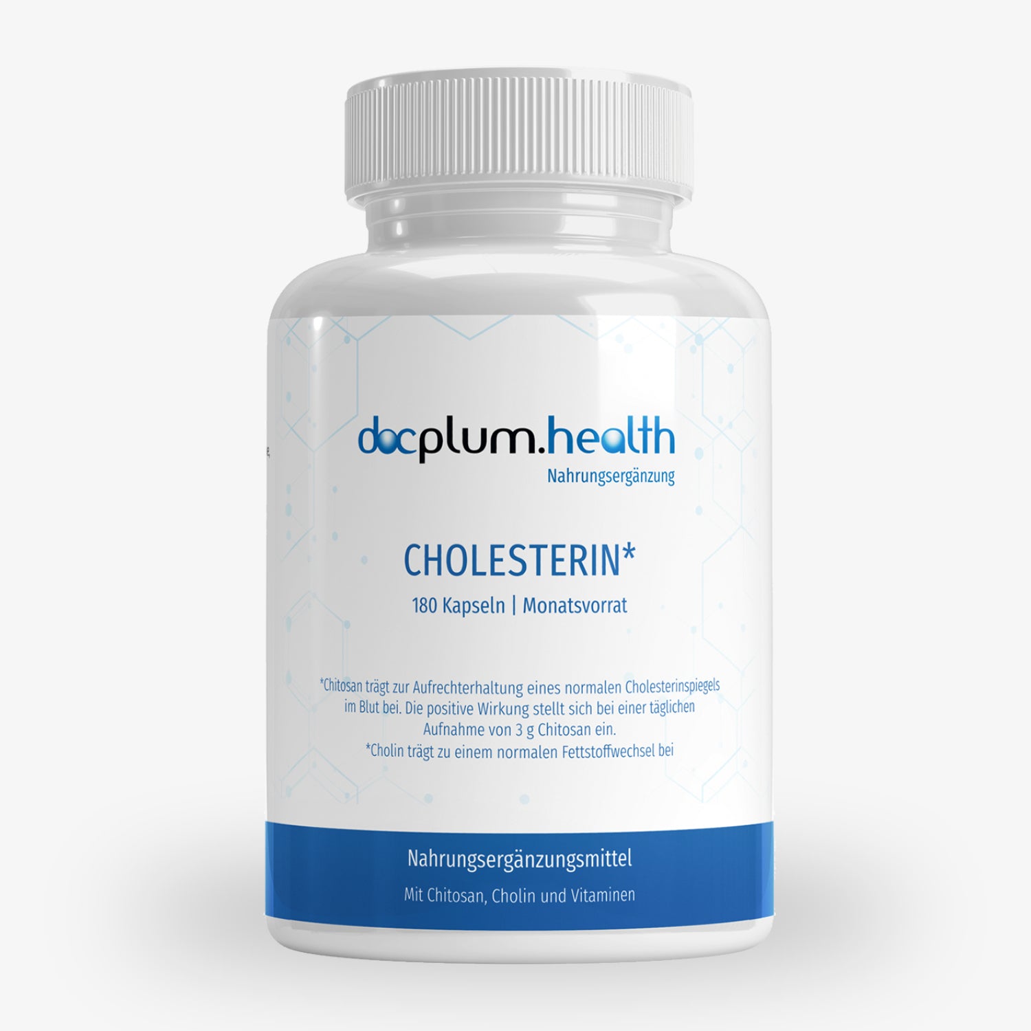 Weiße Flasche mit der Aufschrift "Cholesterin" und blauen Details, 180 Kapseln, Nahrungsergänzungsmittel von docplum.health.