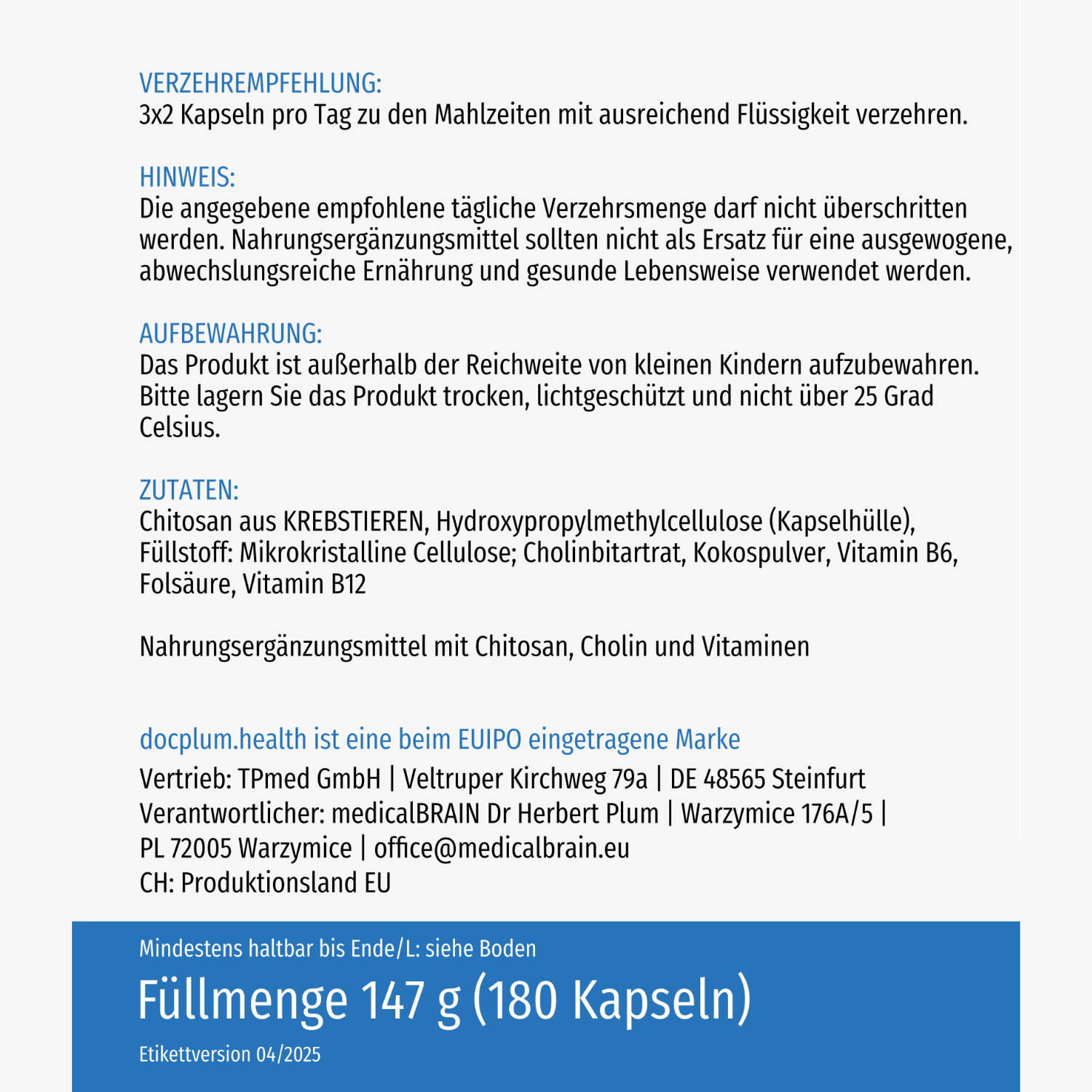 Etikett mit Verzehrempfehlung, Zutatenliste und Lagerhinweisen für Nahrungsergänzungsmittel (180 Kapseln).