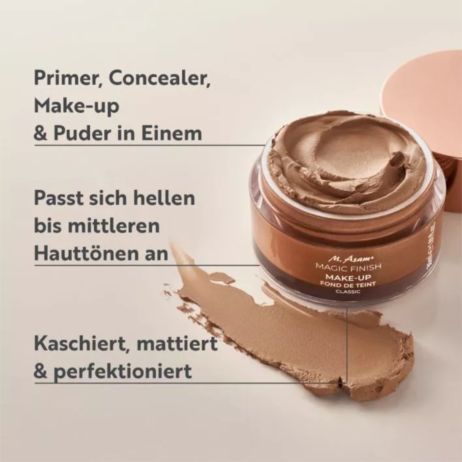 Ein offener Tiegel mit Make-up-Creme, Text daneben beschreibt Primer, Concealer und Puder-Eigenschaften.