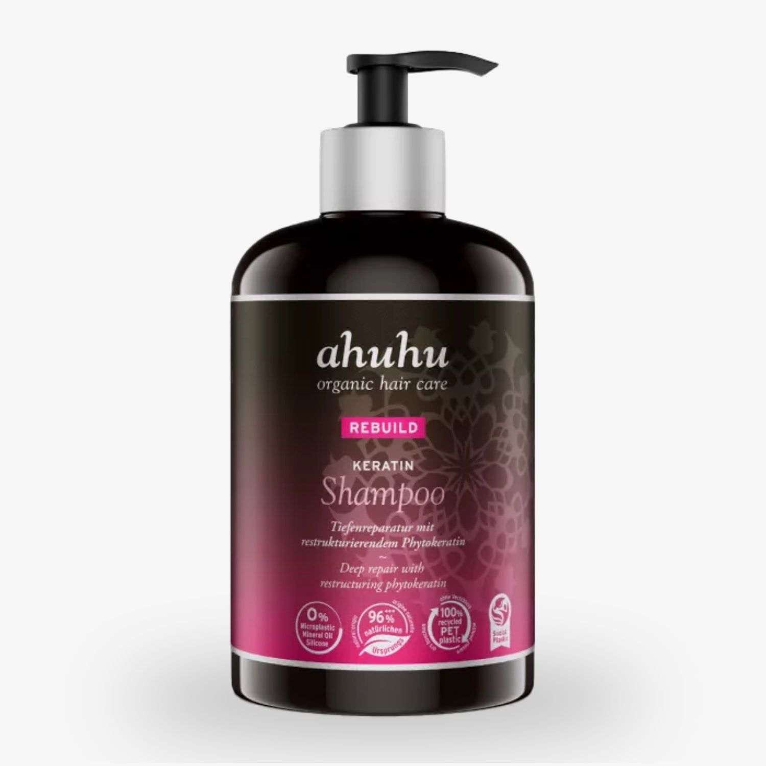 Eine schwarze Flasche ahuhu Organic Hair Care Keratin Shampoo mit Pumpspender und pinkfarbenem Etikettendesign.
