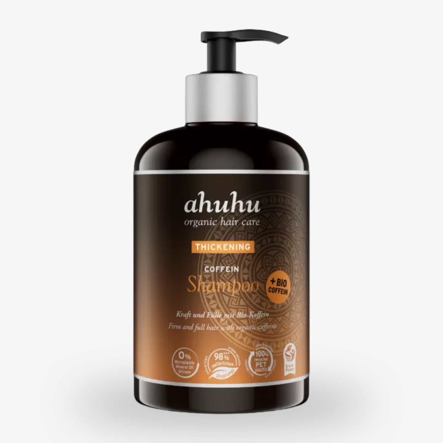 Braune Flasche Ahuhu Thickening Coffein Shampoo mit Pumpverschluss und organischen Inhaltsstoffen auf weißem Hintergrund.