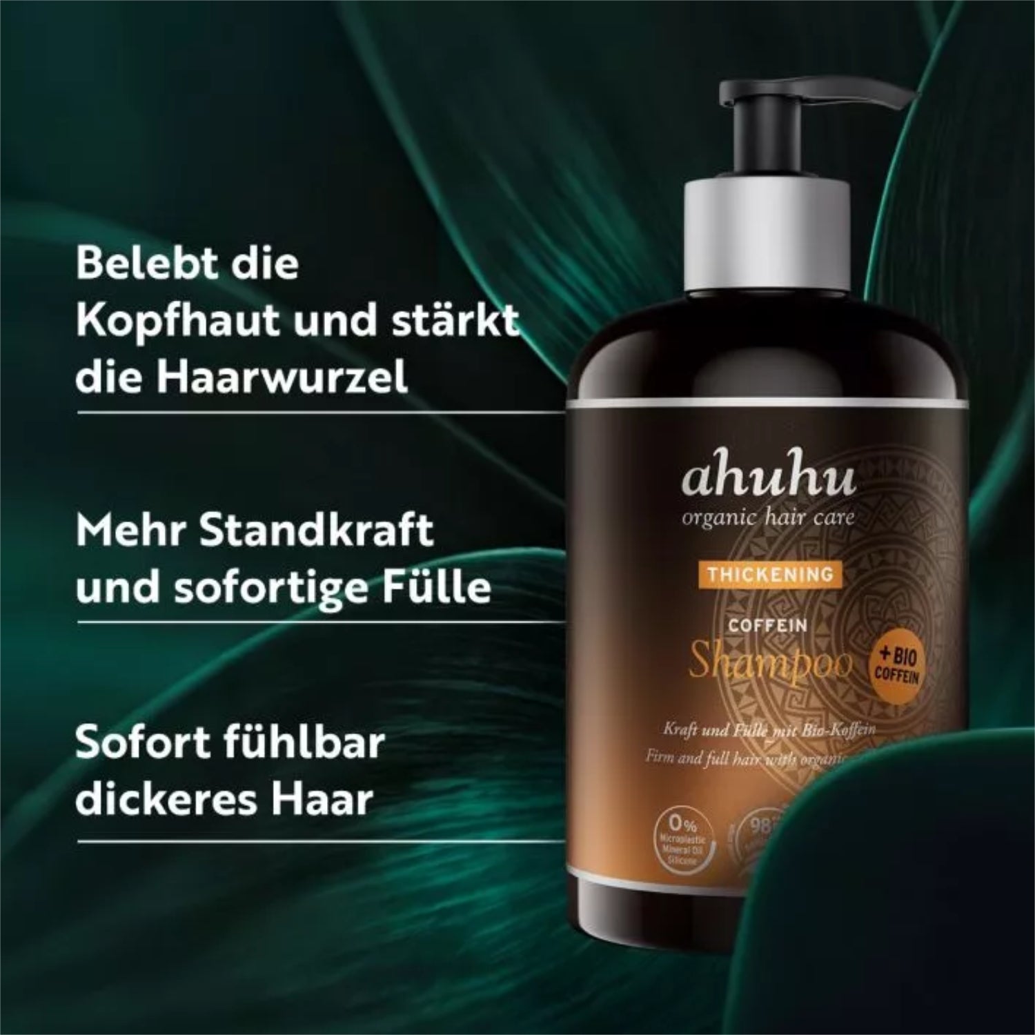 Flasche von Ahuhu Caffeine Shampoo mit Text: "Belebt die Kopfhaut, stärkt die Haarwurzel, mehr Standkraft und Fülle".