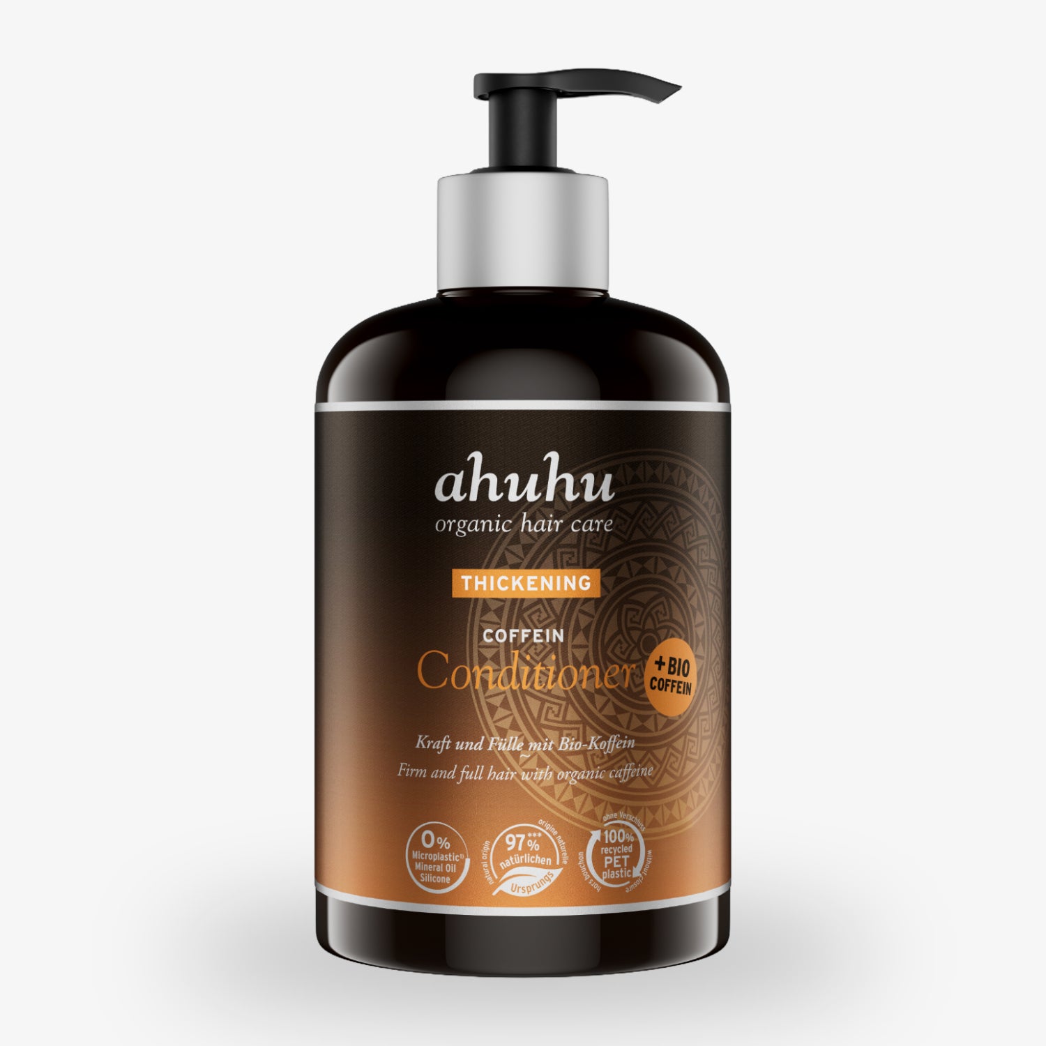 Braune Flasche mit Pumpverschluss, Etikett "ahuhu Thickening Coffein Conditioner" mit Bio-Koffein, 97% natürliche Inhaltsstoffe.
