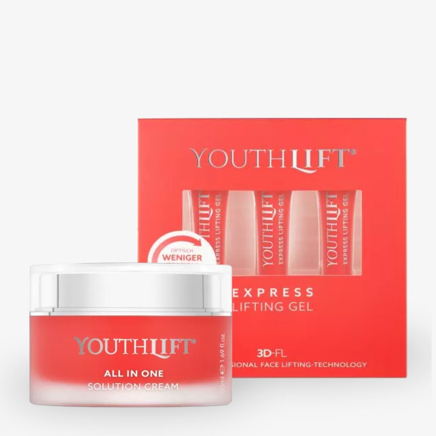 YOUTHLIFT Kosmetikset mit einer All-in-One Creme und Express Lifting Gel in roter Verpackung.