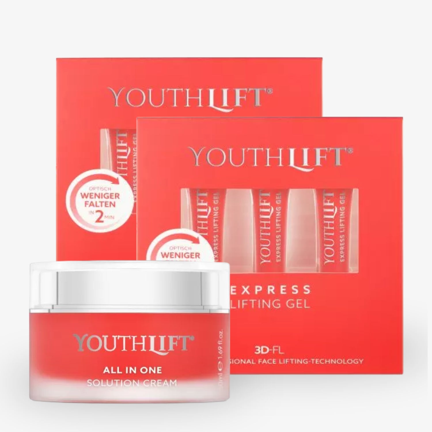 Rote Verpackung von „Youthlift“ Lifting-Gel und eine Cremedose mit der Aufschrift „All in One Solution Cream“.