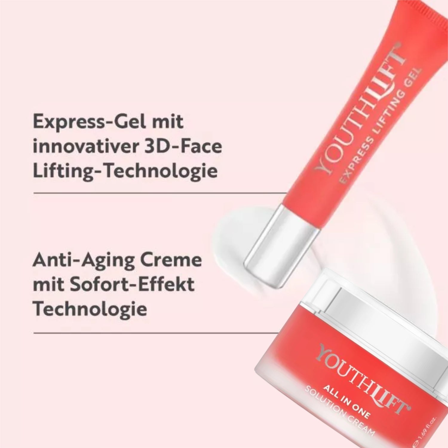 Rotes Express-Gel und Creme von YOUTHLIFT auf rosa Hintergrund mit Text zur Lifting-Technologie und Sofort-Effekt.