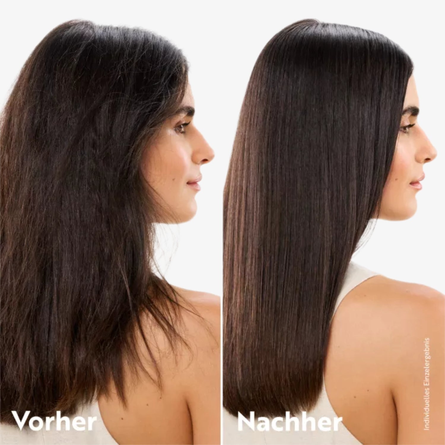 Frau mit dunkelbraunem Haar, links ungezähmt, rechts glatt und glänzend.