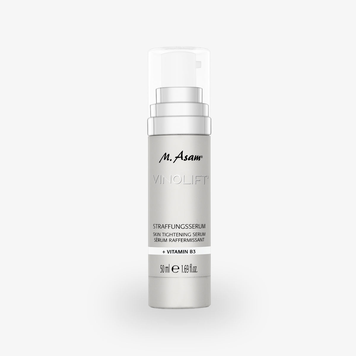 Produktfoto einer silberfarbenen Pumpflasche M. Asam VinoLift Straffungsserum mit Vitamin B3.