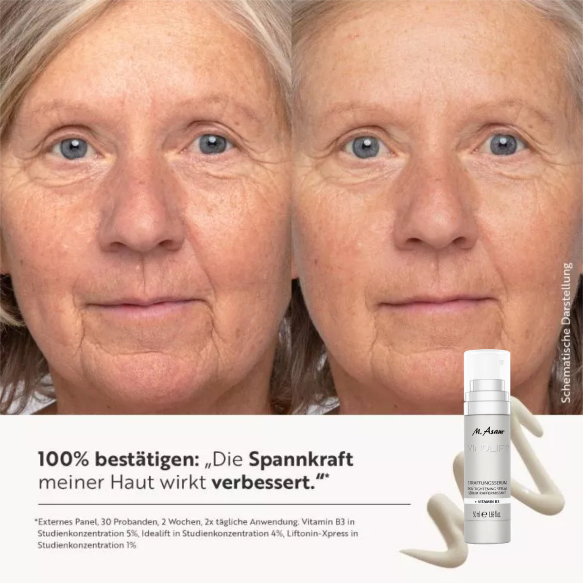 Vorher-Nachher-Porträt einer älteren Frau mit Text '100% bestätigen: Die Spannkraft meiner Haut wirkt verbessert.' und dem Produkt M. Asam VinoLift Straffungsserum.