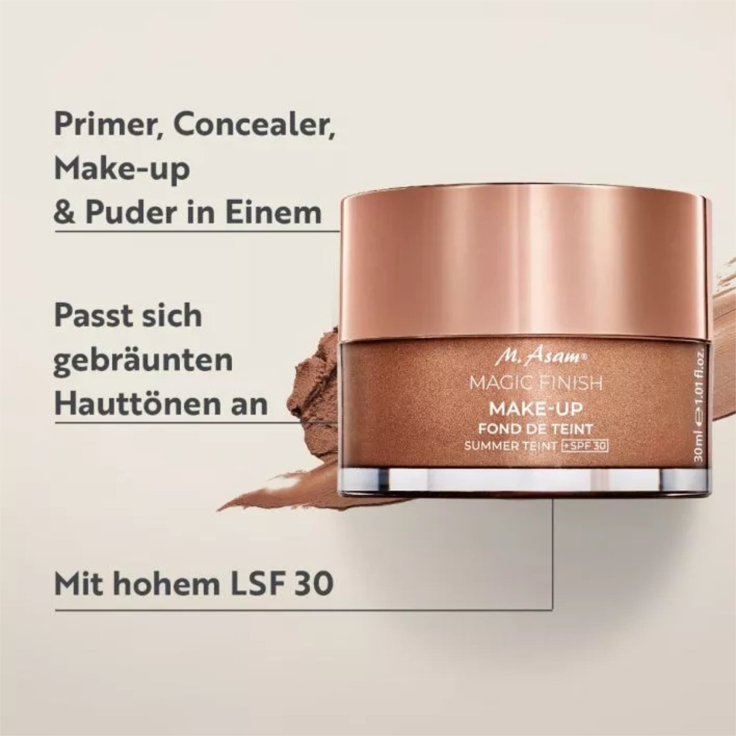 Make-up-Produkt von M. Asam mit integriertem Primer, Concealer und hohem LSF 30 für gebräunte Hauttöne.