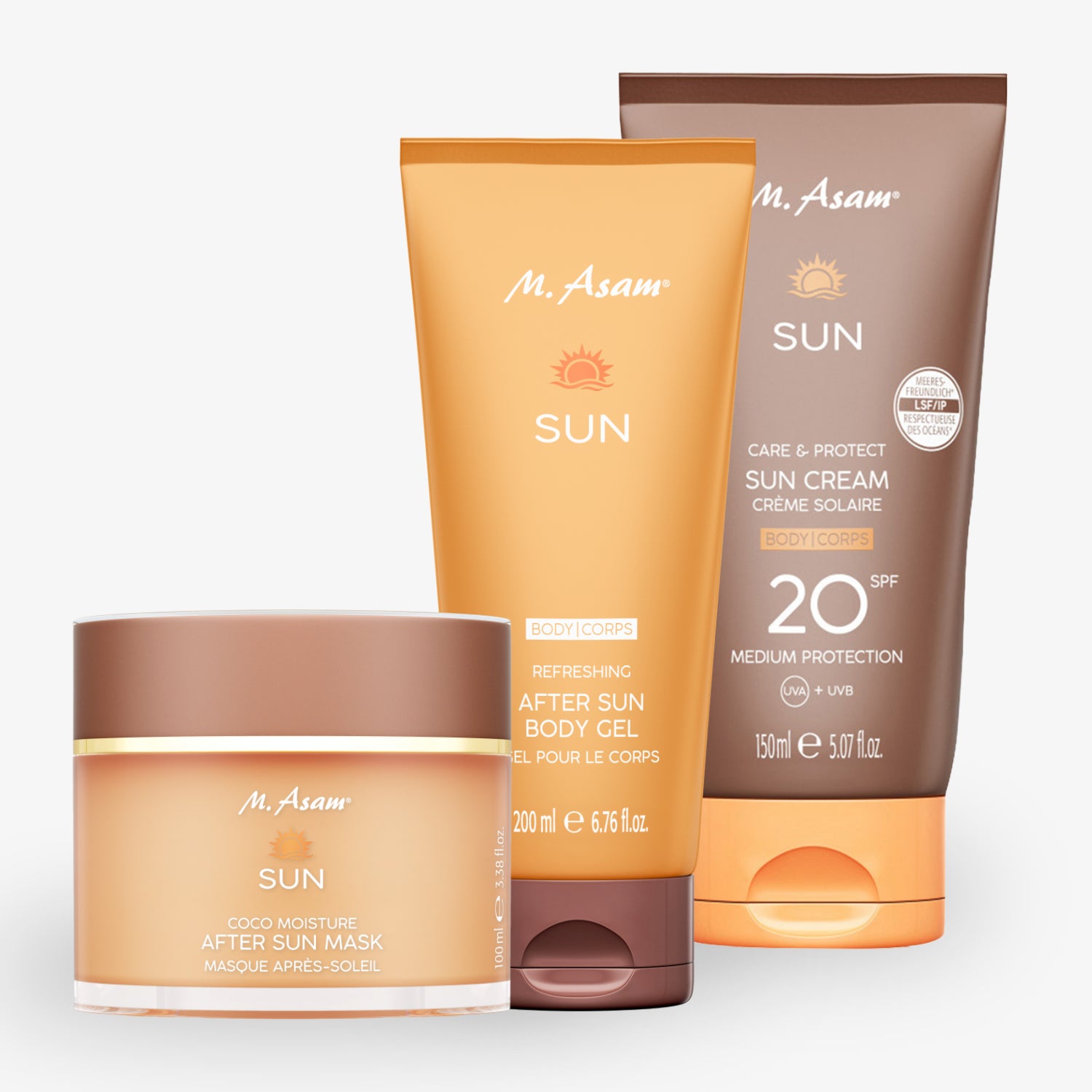 Drei Sonnenschutzprodukte von M. Asam: eine Sonnencreme SPF 20, ein After-Sun-Körpergel und eine After-Sun-Maske.
