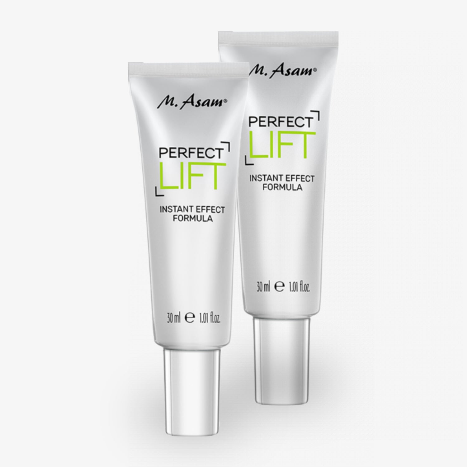 Zwei Silber-Tuben mit der Aufschrift "Perfect Lift Instant Effect Formula" von M. Asam.