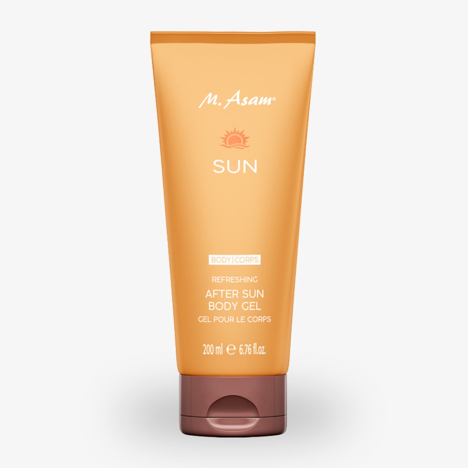 Orangefarbene Tube des M. Asam After Sun Body Gels mit braunem Verschluss, 200 ml.