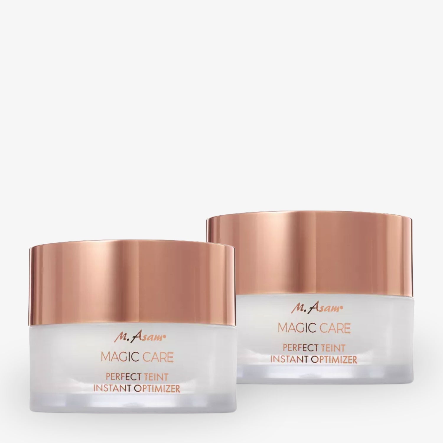 Zwei Tiegel mit roségoldenem Deckel und der Aufschrift "M. Asam Magic Care Perfect Teint Instant Optimizer".