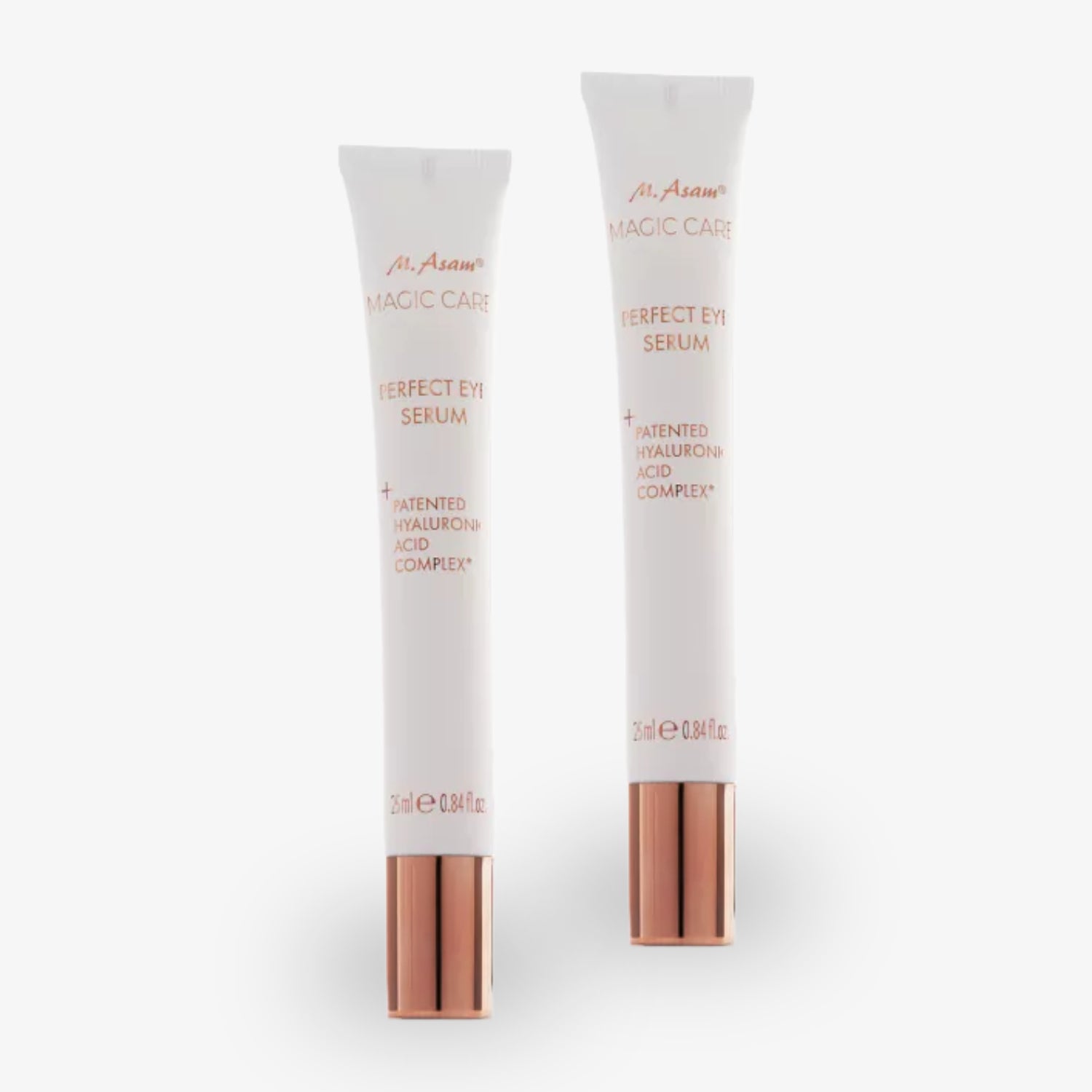 Zwei weiße Tuben mit roségoldenem Deckel, die als "Perfect Eye Serum" mit Hyaluronsäure-Komplex beschriftet sind.
