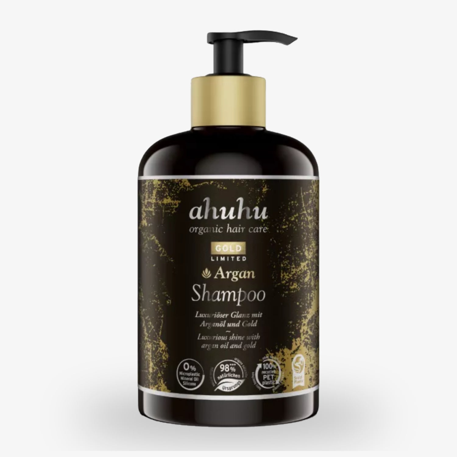 Dunkle Flasche von ahuhu Organic Hair Care Argan Shampoo mit goldenem Spender und goldener Etikettgestaltung.