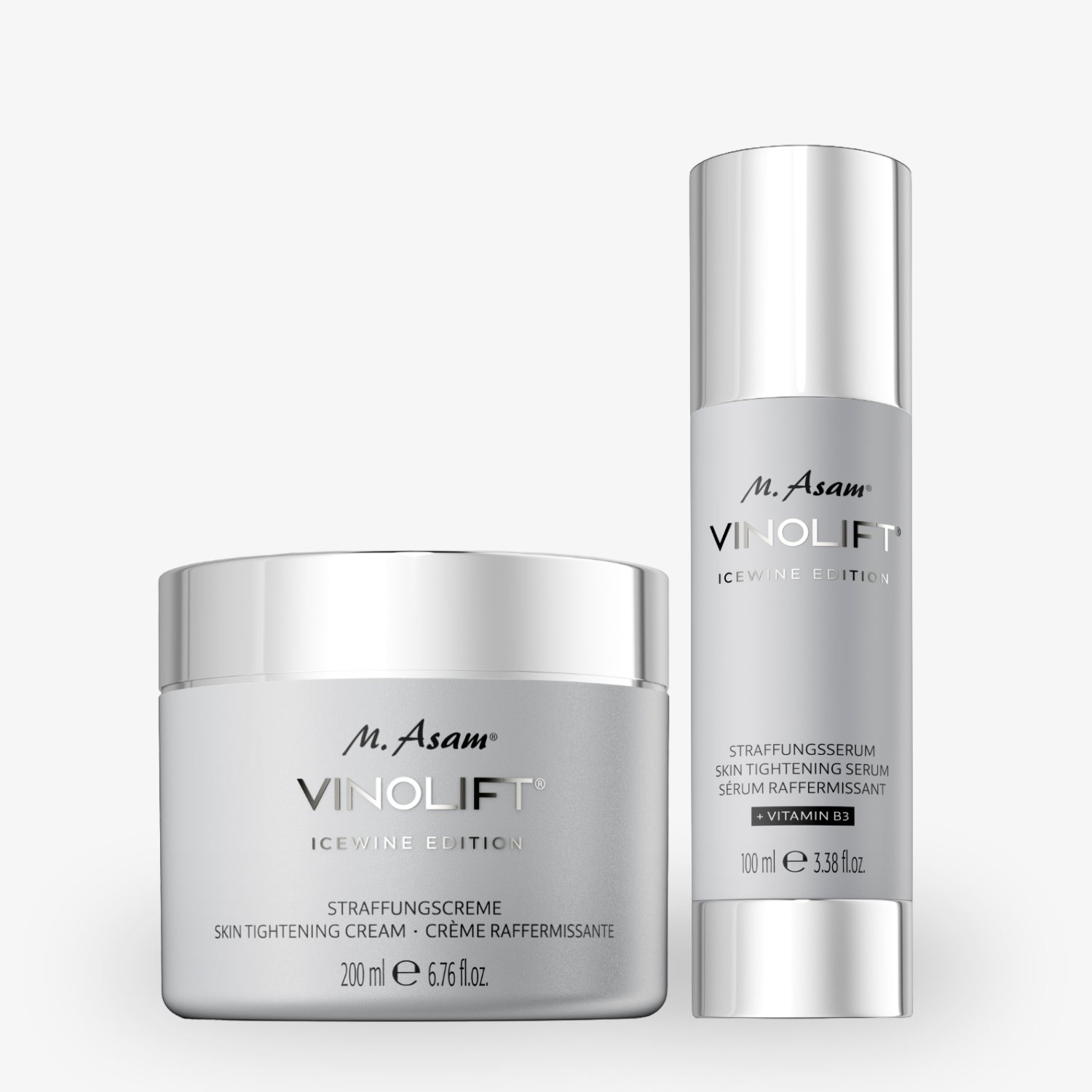 Zwei M. Asam Vinolift Icewine Edition Produkte: eine Hautstraffungscreme und ein Hautstraffungsserum.