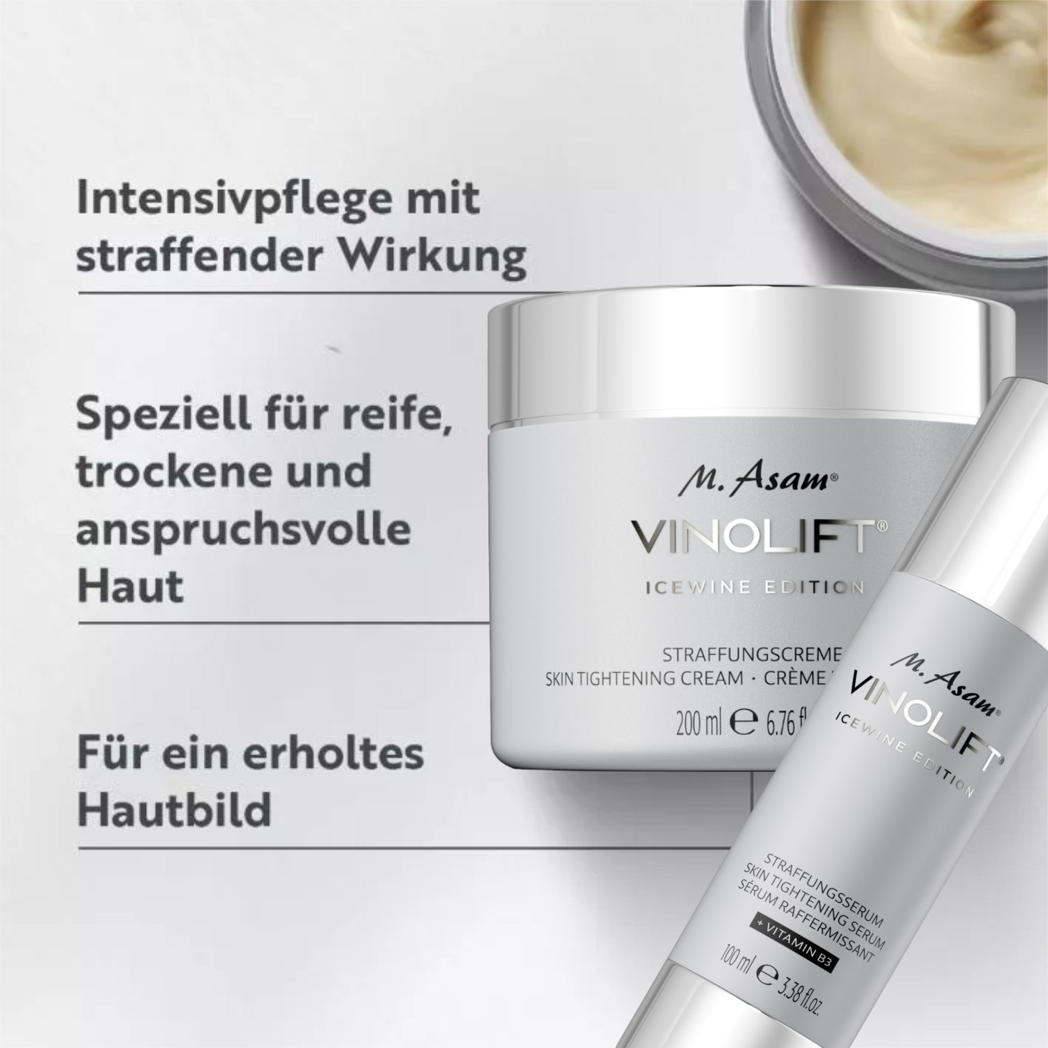 M. Asam Vinolift Icewine Edition Hautpflegeprodukte mit straffender Wirkung für reife, trockene Haut.