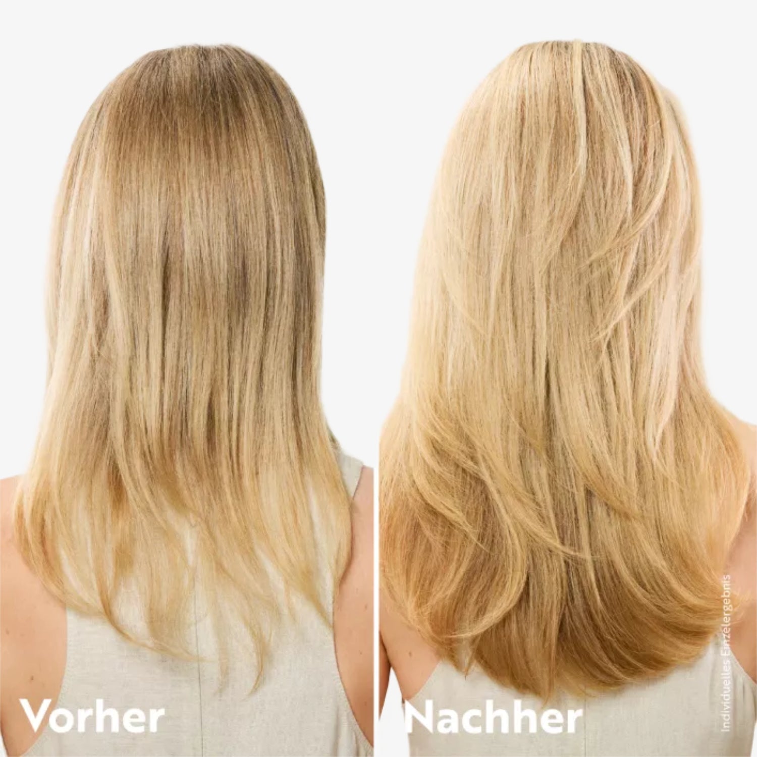 Vorher-Nachher-Bild von blondem Haar; links dünn und leblos, rechts voll und glänzend.