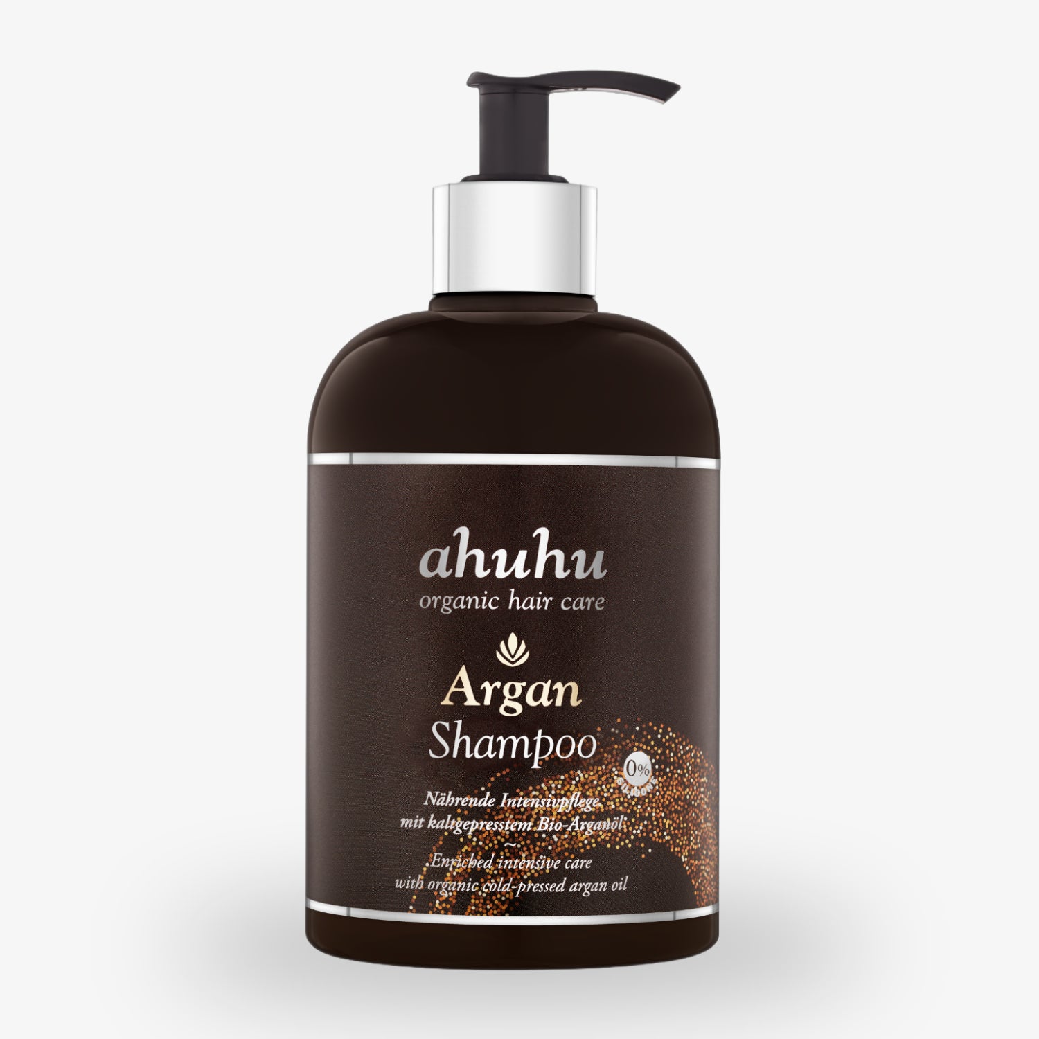 Braune Flasche mit schwarzem Pumpspender, beschriftet mit "ahuhu organic hair care Argan Shampoo".