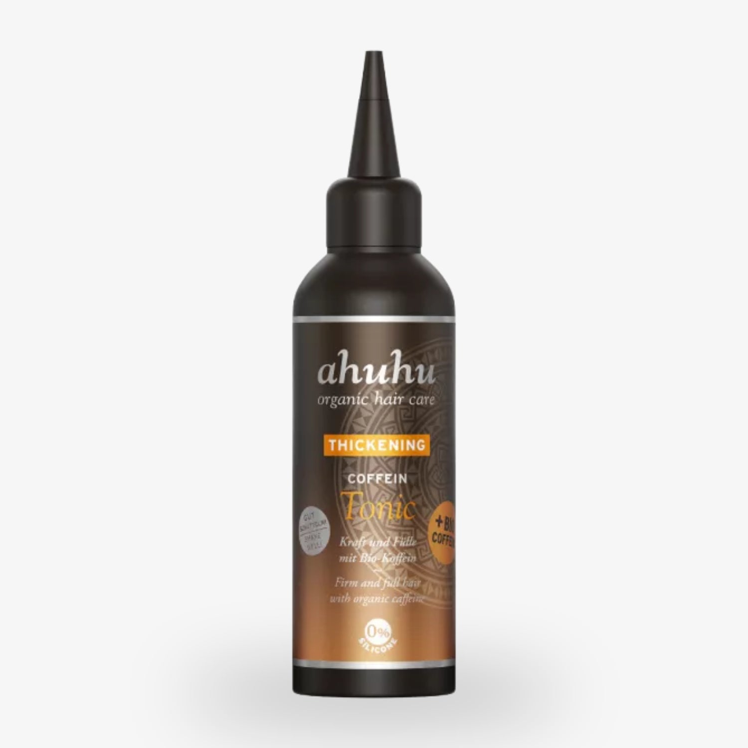 Braune Flasche mit schwarzem Verschluss, beschriftet mit "ahuhu organic hair care" für dickmachendes Koffein-Tonic.