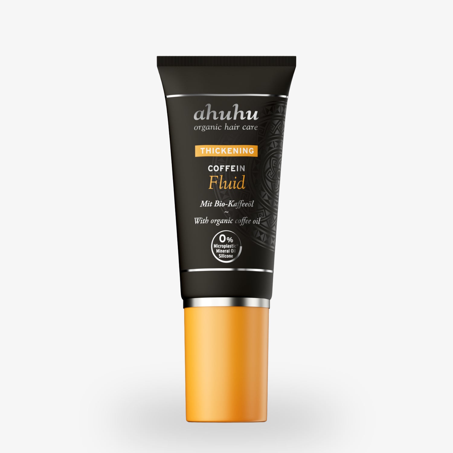 Schwarzes Produkt mit gelber Kappe, ahuhu Thickening Coffein Fluid, enthält Bio-Kaffeeöl, 0% Mikroplastik, Mineralöl, Silikon.