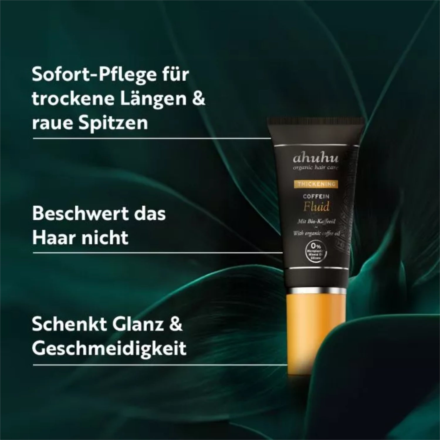 Ein schwarzes Haarpflegeprodukt mit Text: "Sofort-Pflege", "Beschwert das Haar nicht", "Schenkt Glanz & Geschmeidigkeit".