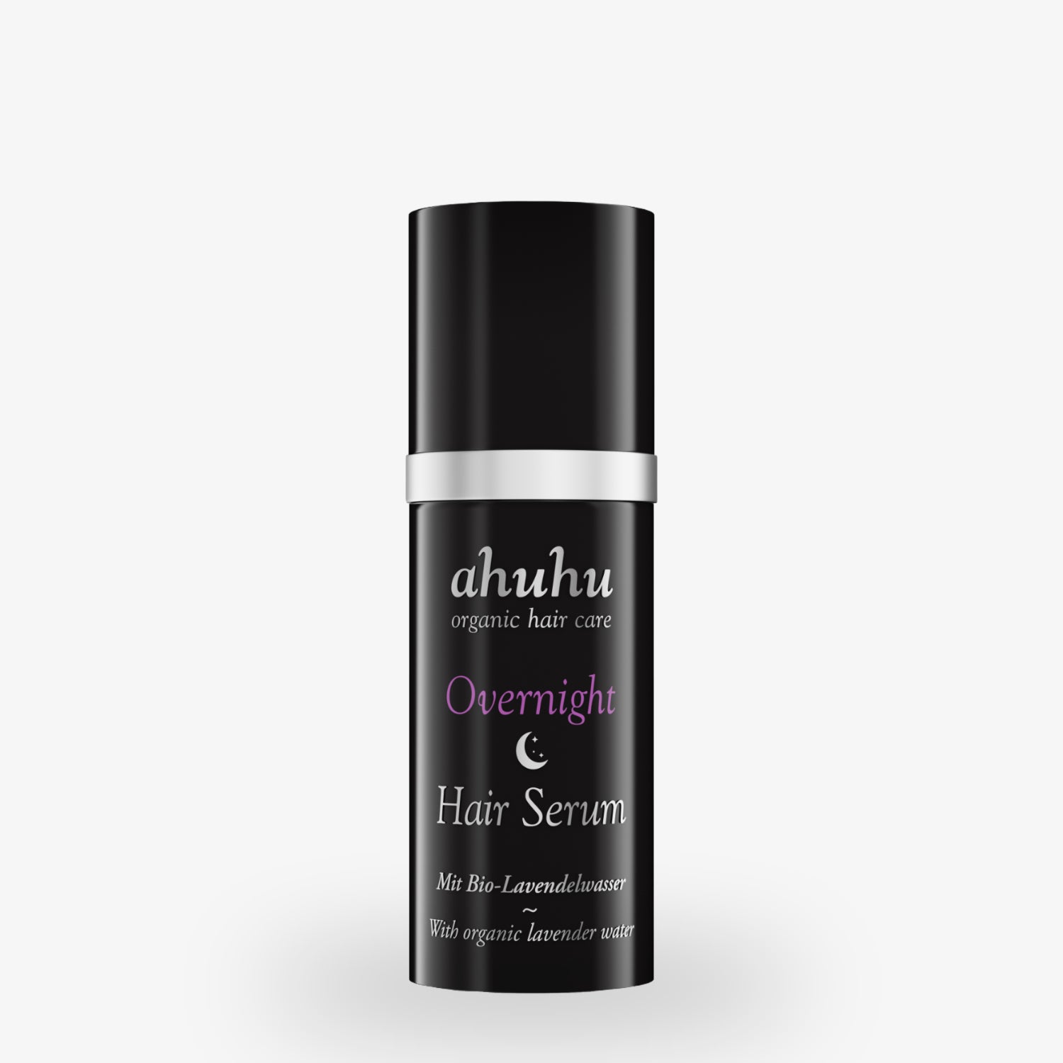 Schwarze Flasche mit ahuhu Overnight Hair Serum, enthält Bio-Lavendelwasser.