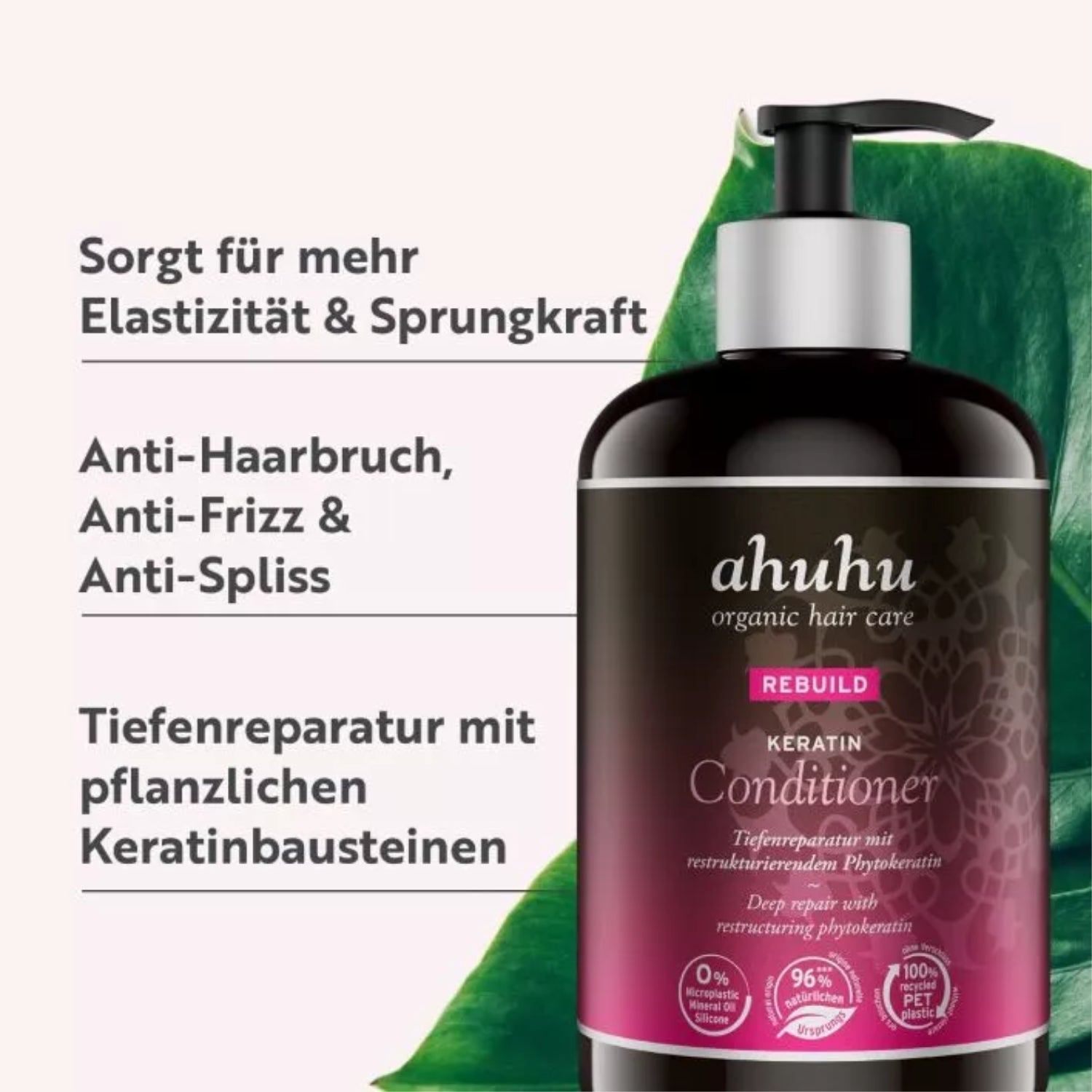 Flasche eines Keratin-Conditioners von ahuhu vor grünem Blatt mit Text über Haarpflegeeigenschaften.