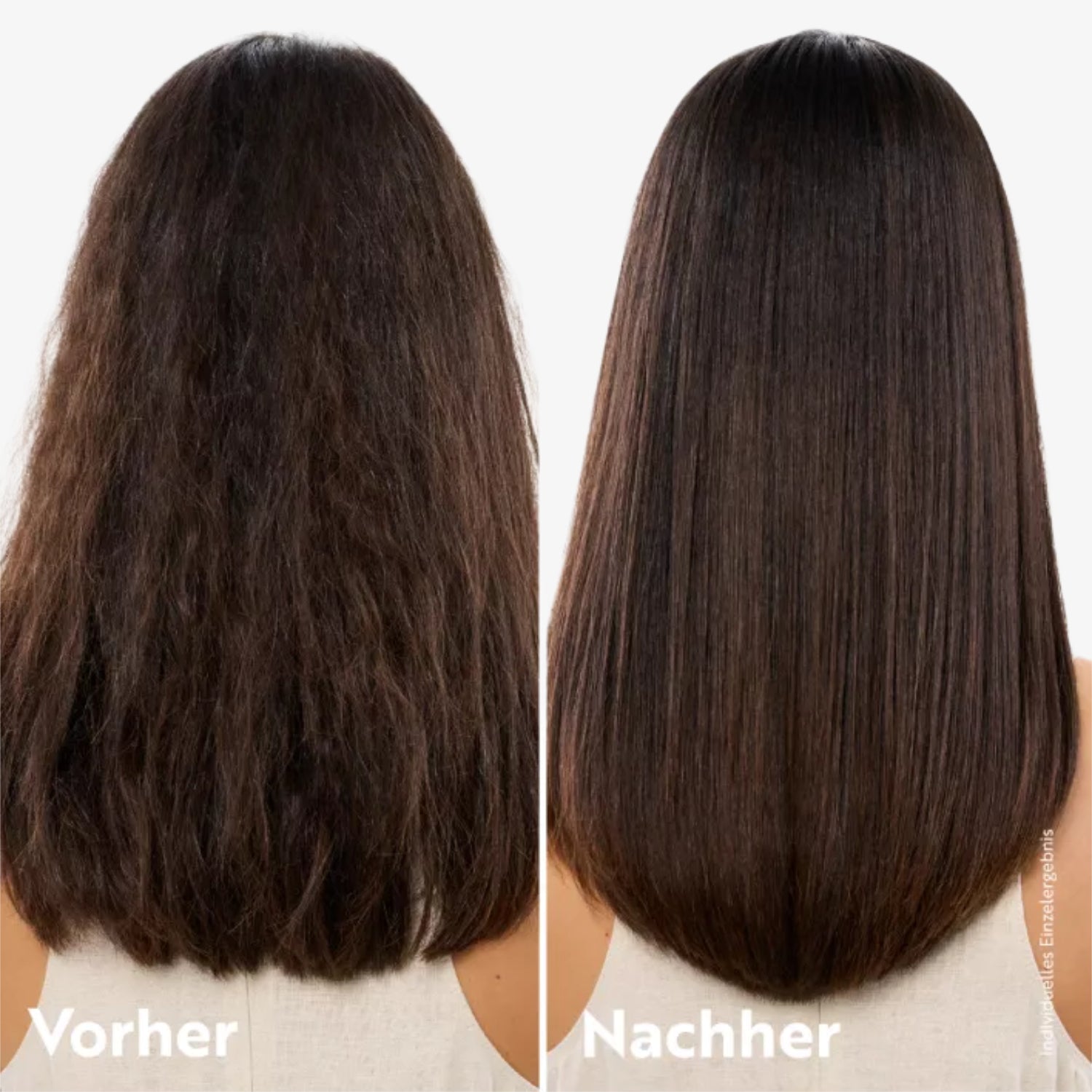 Vergleich eines Haarvorher-nachher-Bildes, links kraus und unordentlich, rechts glatt und gepflegt.