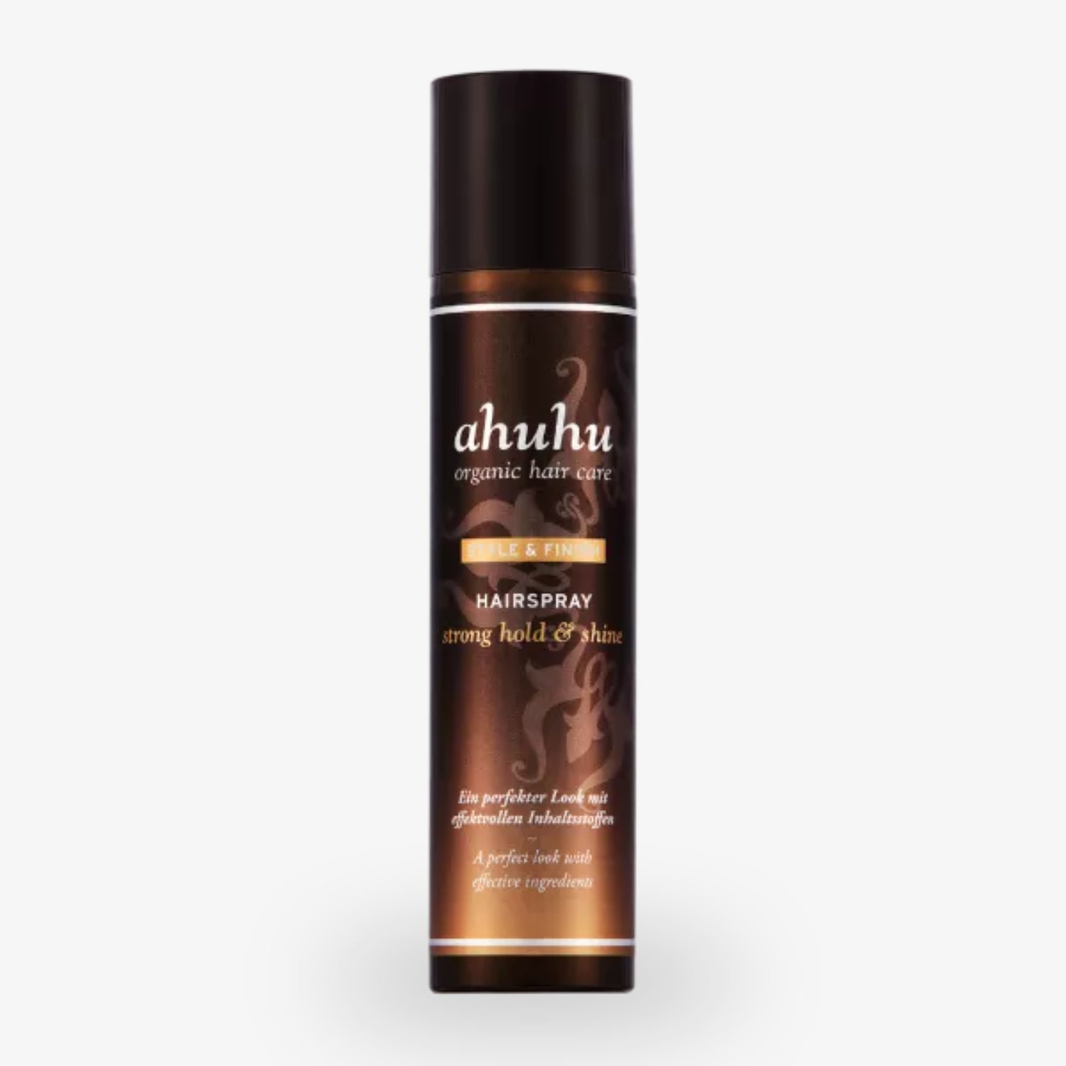 Braune Sprühdose von Ahuhu mit der Aufschrift "Hairspray strong hold & shine" auf weißem Hintergrund.