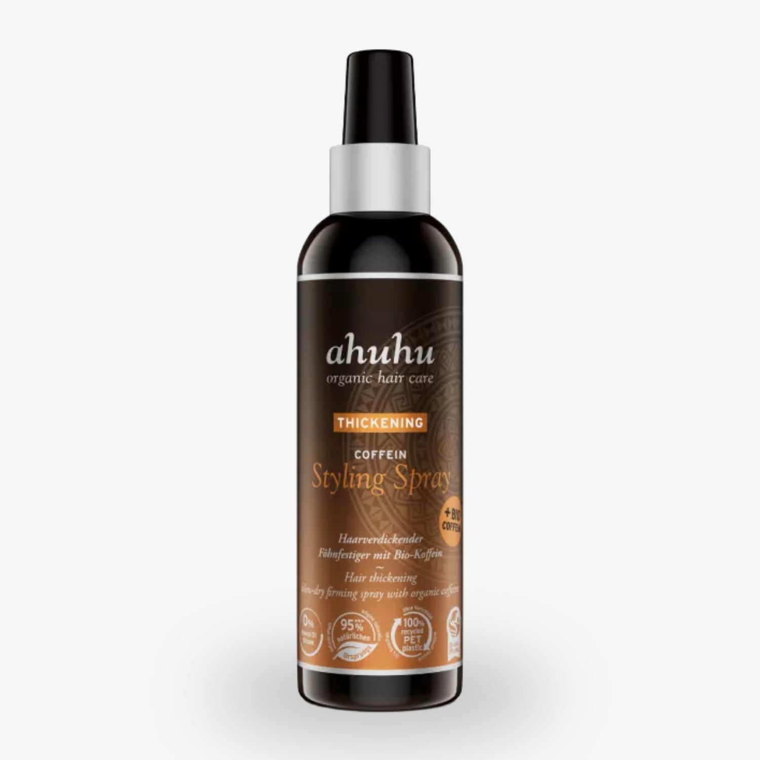 Schwarze Sprühflasche "ahuhu organic hair care Thickening Coffein Styling Spray" mit weißer und orangefarbener Schrift.
