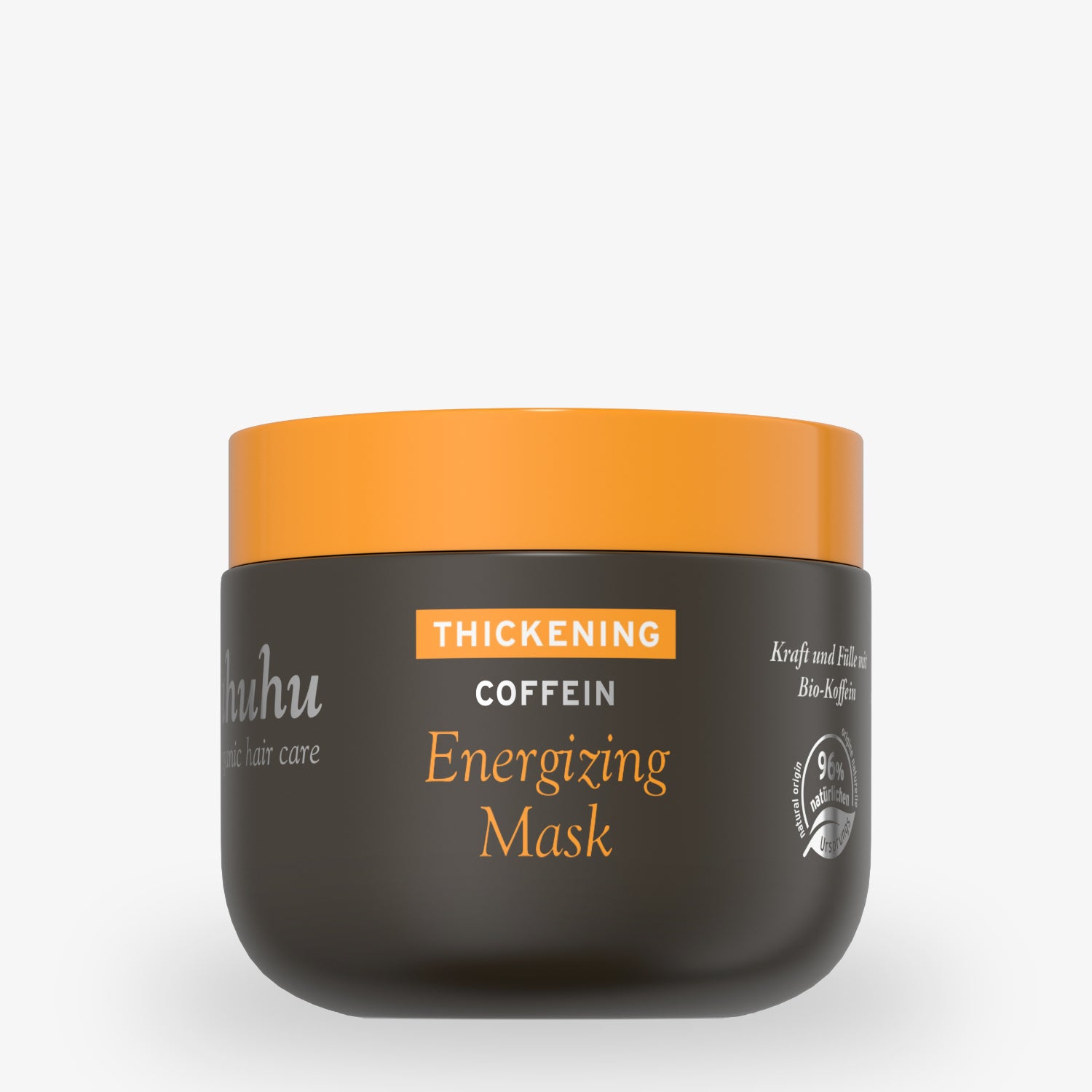 Schwarze Dose mit orangenem Deckel, beschriftet mit "Thickening Coffein Energizing Mask" und einem Hinweis auf Bio-Koffein.