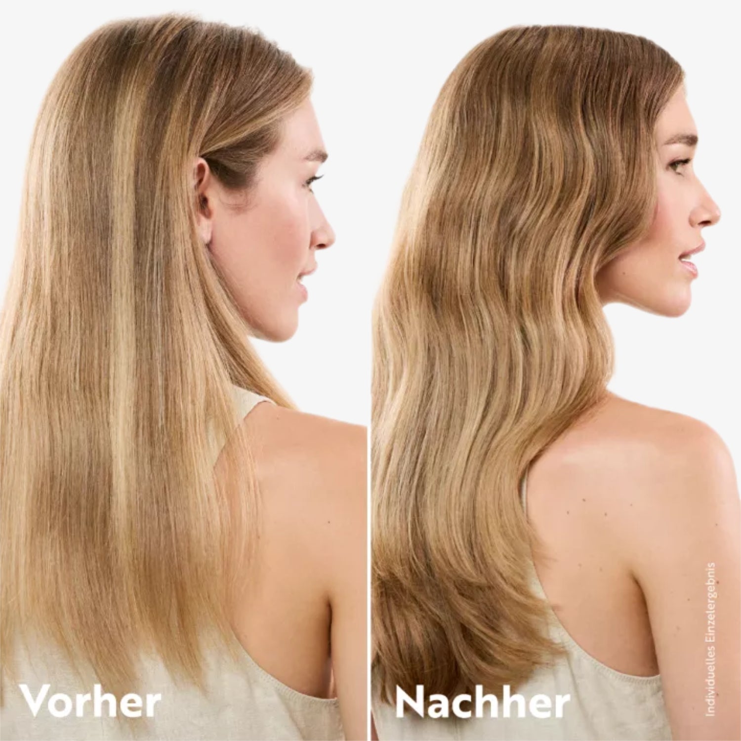 Vorher-Nachher-Foto von einer Frau, links mit glattem Haar, rechts mit welligem, voluminösem Haar.