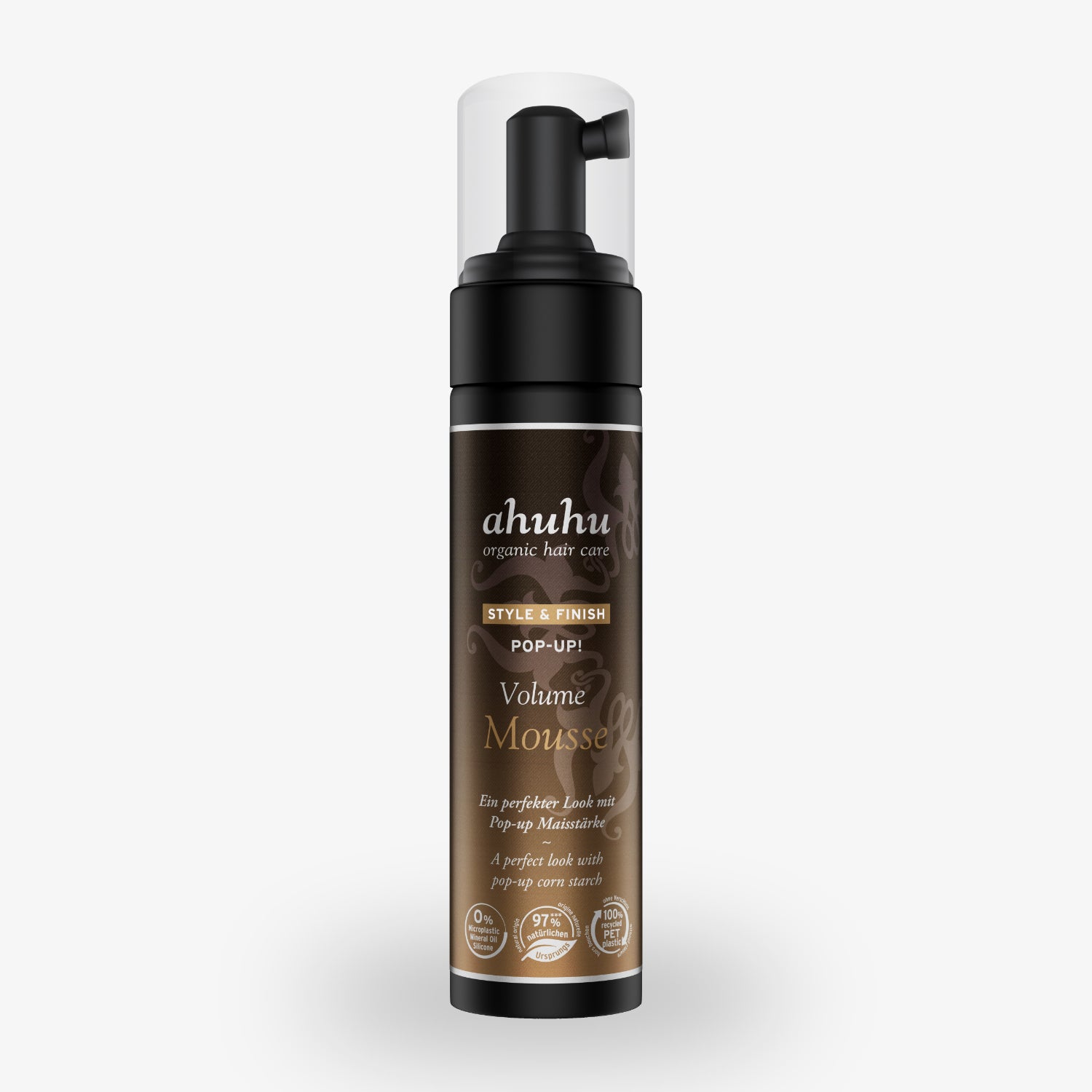 Braune Flasche mit ahuhu Style & Finish Pop-Up Volume Mousse auf weißem Hintergrund.
