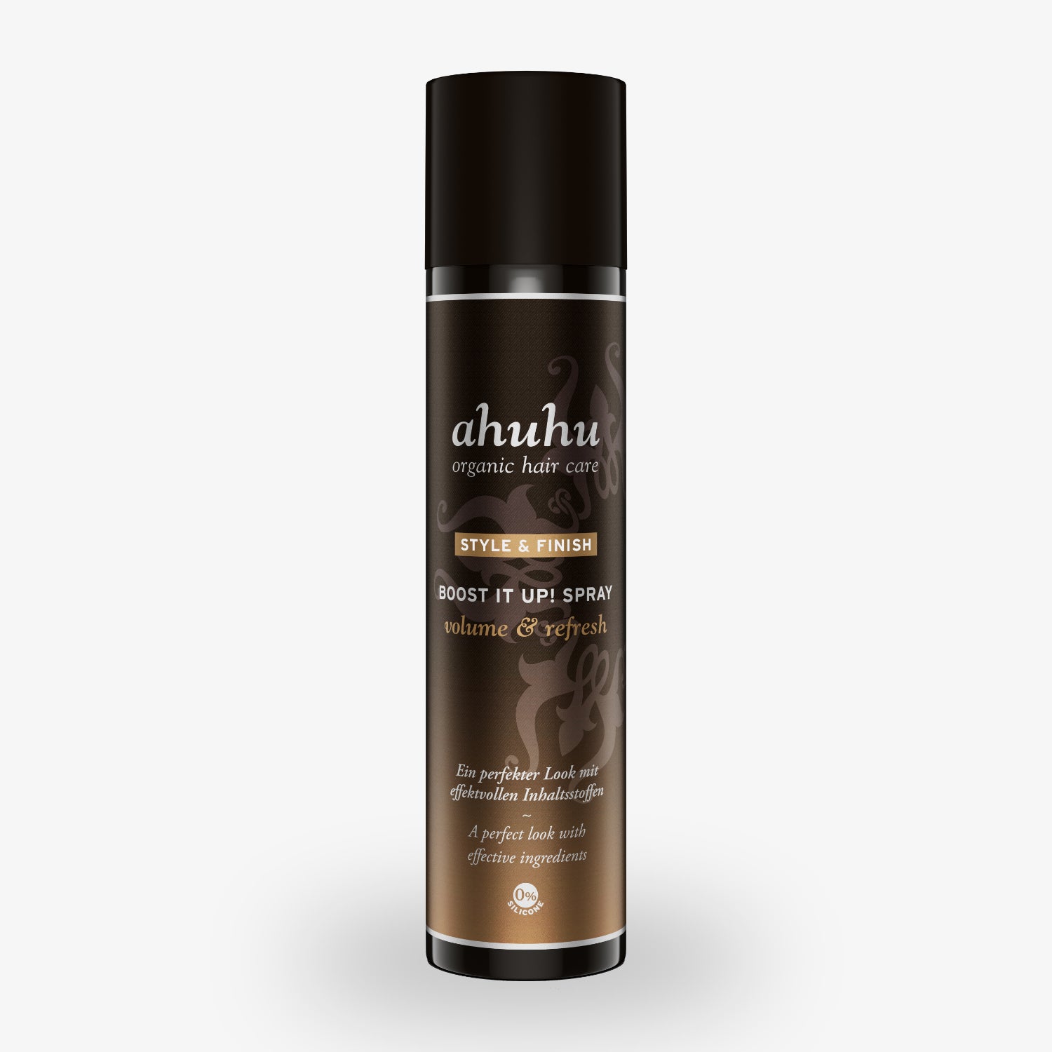 Braune Sprühflasche mit der Aufschrift "ahuhu organic hair care, Style & Finish, Boost It Up! Spray, volume & refresh".