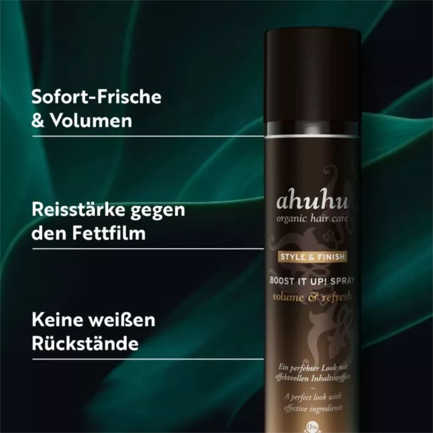 Haarspray von ahuhu mit Text: "Sofort-Frische & Volumen, Reißstärke gegen den Fettfilm, Keine weißen Rückstände".