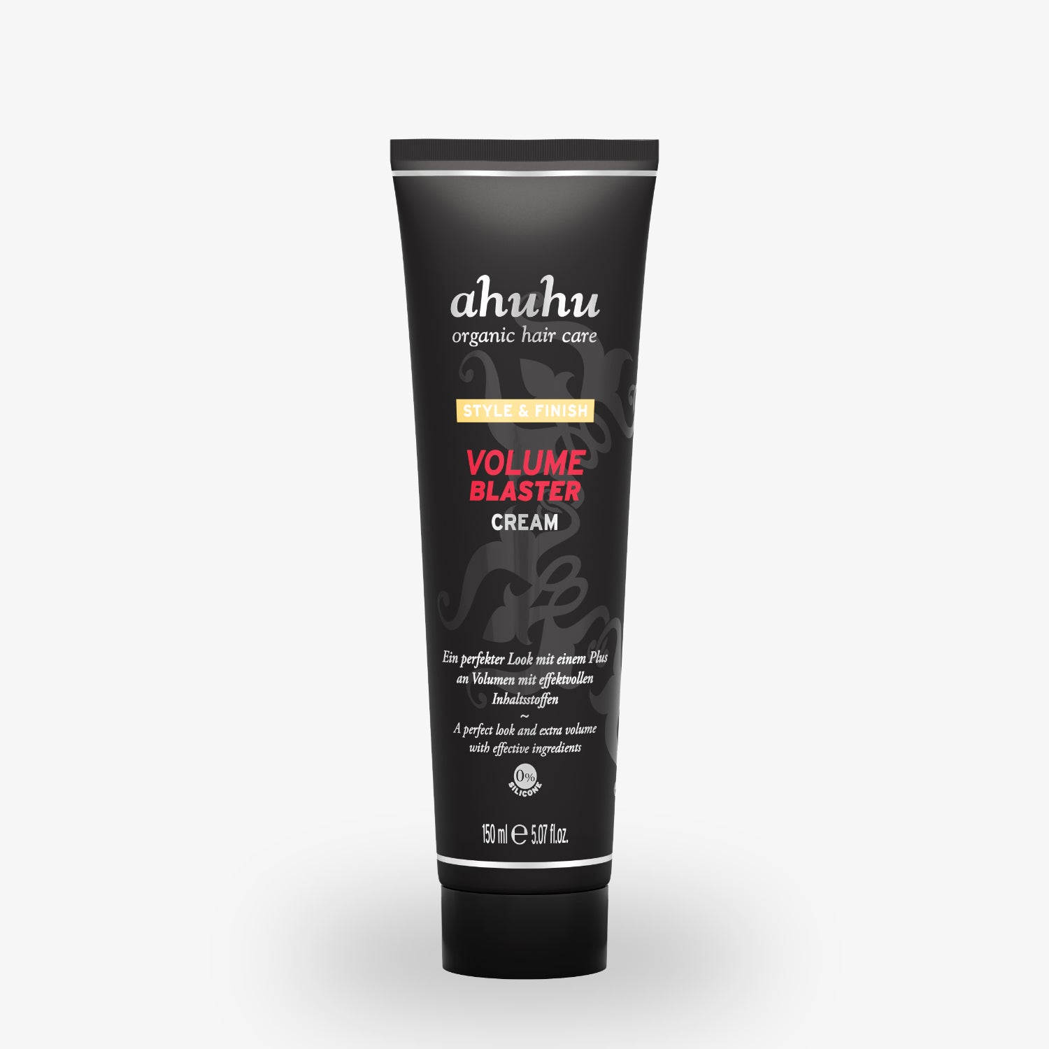 Schwarze Tube Ahuhu Volume Blaster Cream mit orangefarbener und weißer Schrift vor weißem Hintergrund.