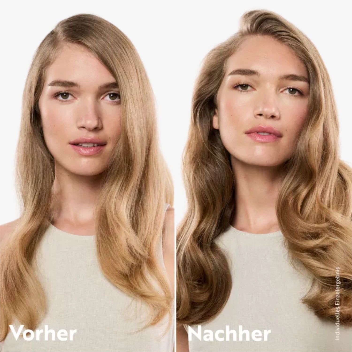 Vorher-Nachher-Vergleich einer Frau mit glatten Haaren links und welligen Haaren rechts, beide in neutraler Kleidung.