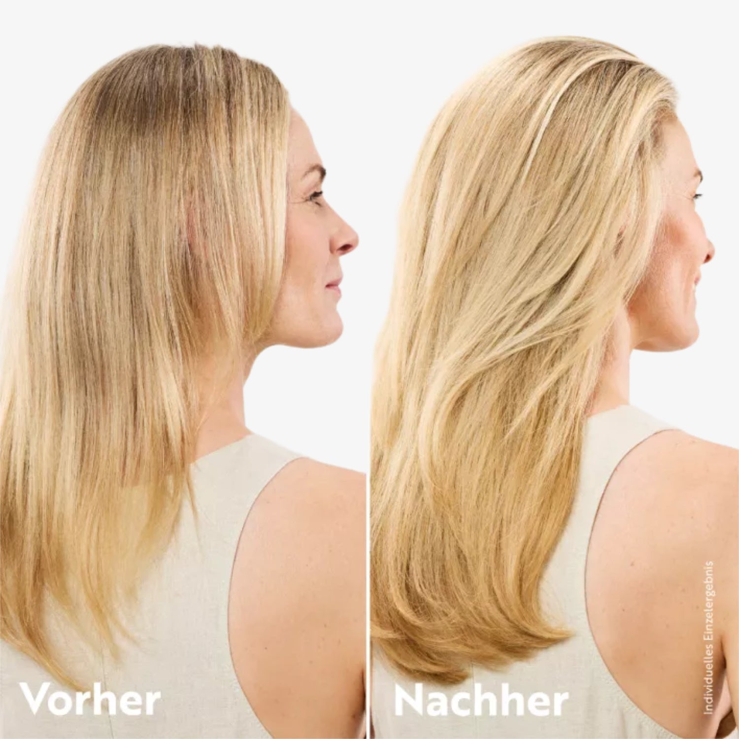 Frau mit blonden Haaren, Vorher-Nachher-Vergleich mit glatterer, voluminöserer Frisur rechts und schlichter links.