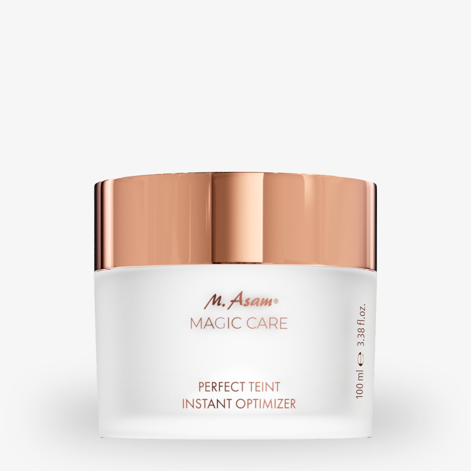 Weißer Kosmetiktiegel mit goldfarbenem Deckel, beschriftet mit "M. Asam Magic Care Perfect Teint Instant Optimizer".