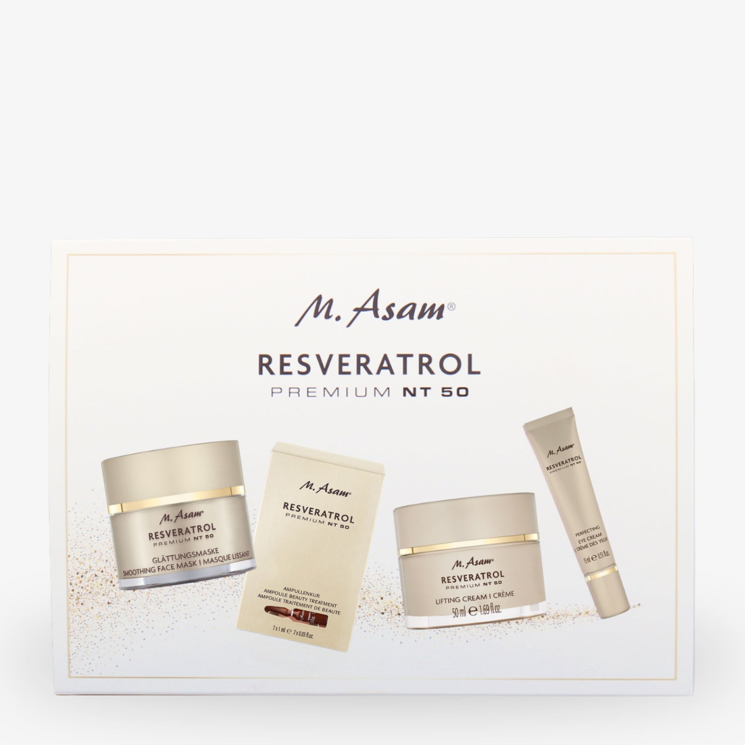 M. Asam Resveratrol Premium NT 50 Set mit Maske, Creme und Serum-Tube auf weißem Hintergrund.