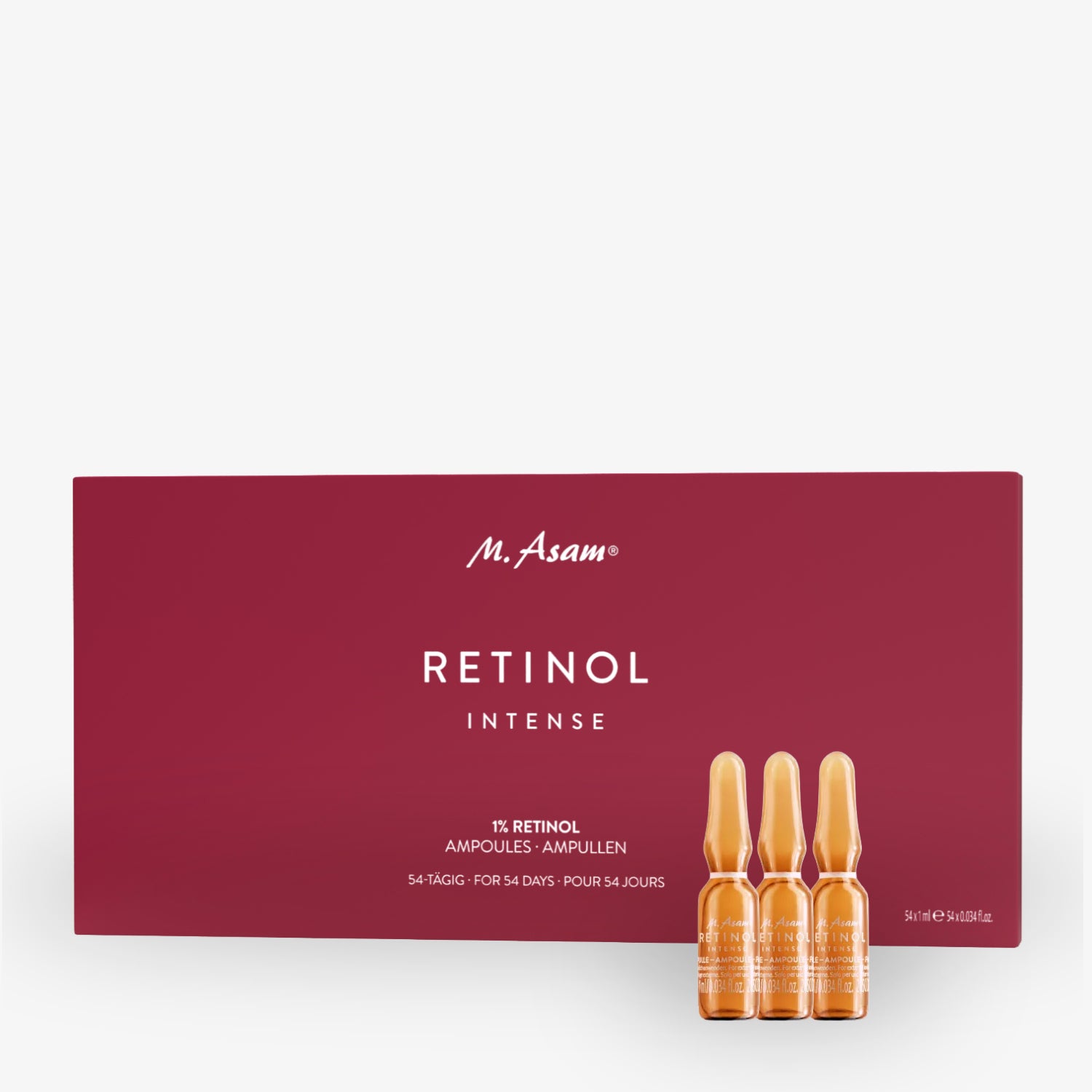 Rote Verpackung von M. Asam Retinol Intense mit drei Retinol-Ampullen davor.