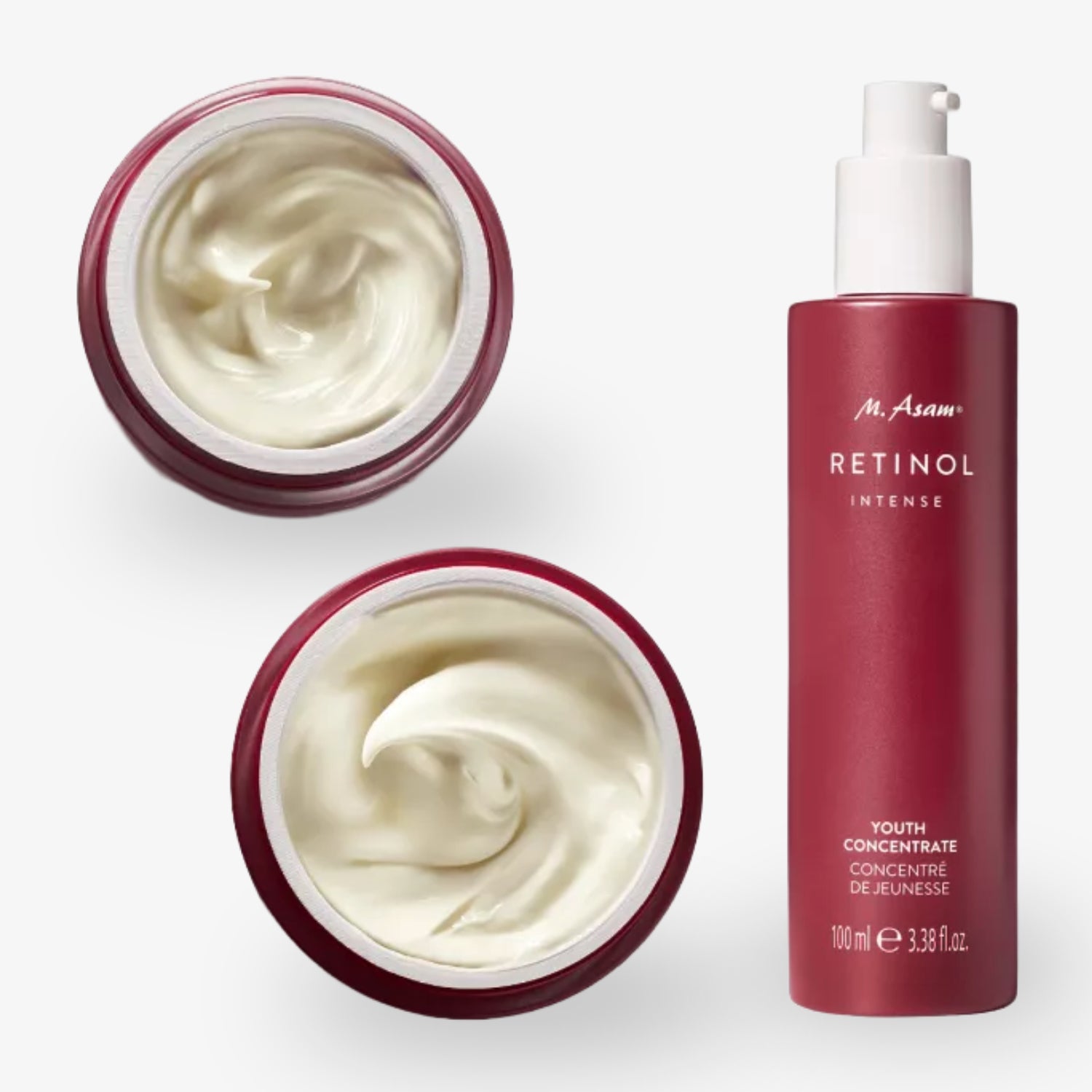 Roter Behälter und Flasche mit Retinol-Creme von M. Asam, auf weißem Hintergrund.